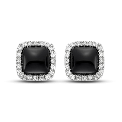 Black Onyx and diamond halo earrings by ISAAC WESTMAN featuring elegant black stones and sparkling diamond accents.