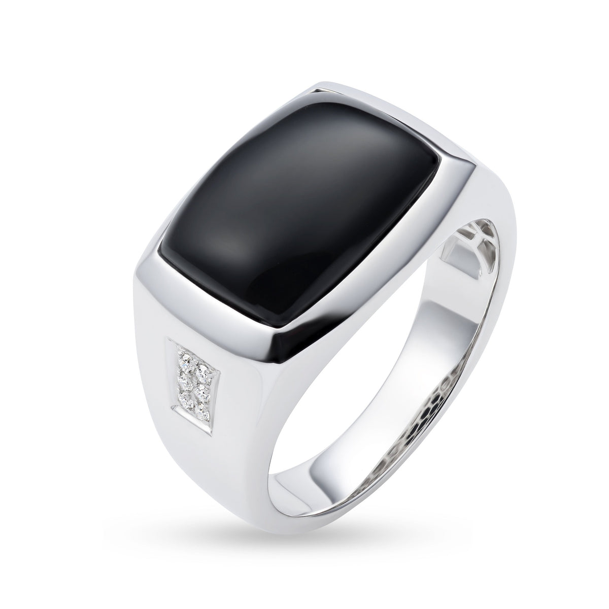 Men's black onyx and diamond signet ring by ISAAC WESTMAN, featuring a polished black onyx stone and sparkling diamonds.