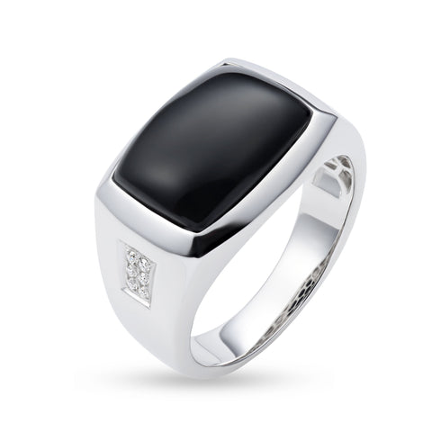 Men's black onyx and diamond signet ring by ISAAC WESTMAN, featuring a polished black onyx stone and sparkling diamonds.