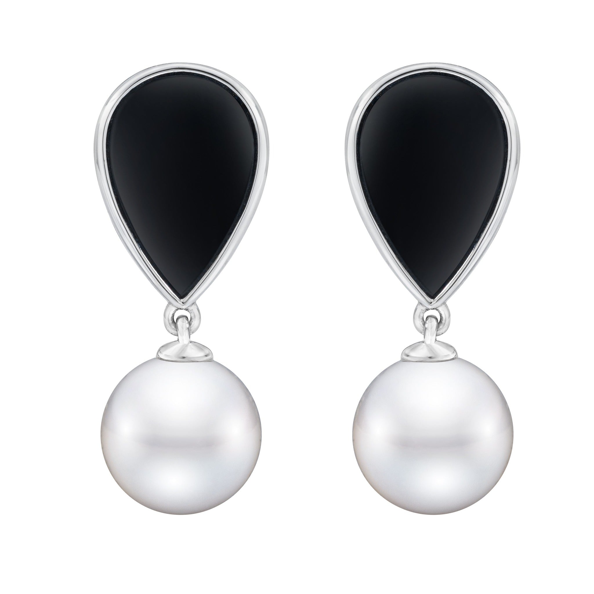 14K white gold black onyx and pearl dangle earrings with elegant design by ISAAC WESTMAN, featuring polished onyx and lustrous pearls.