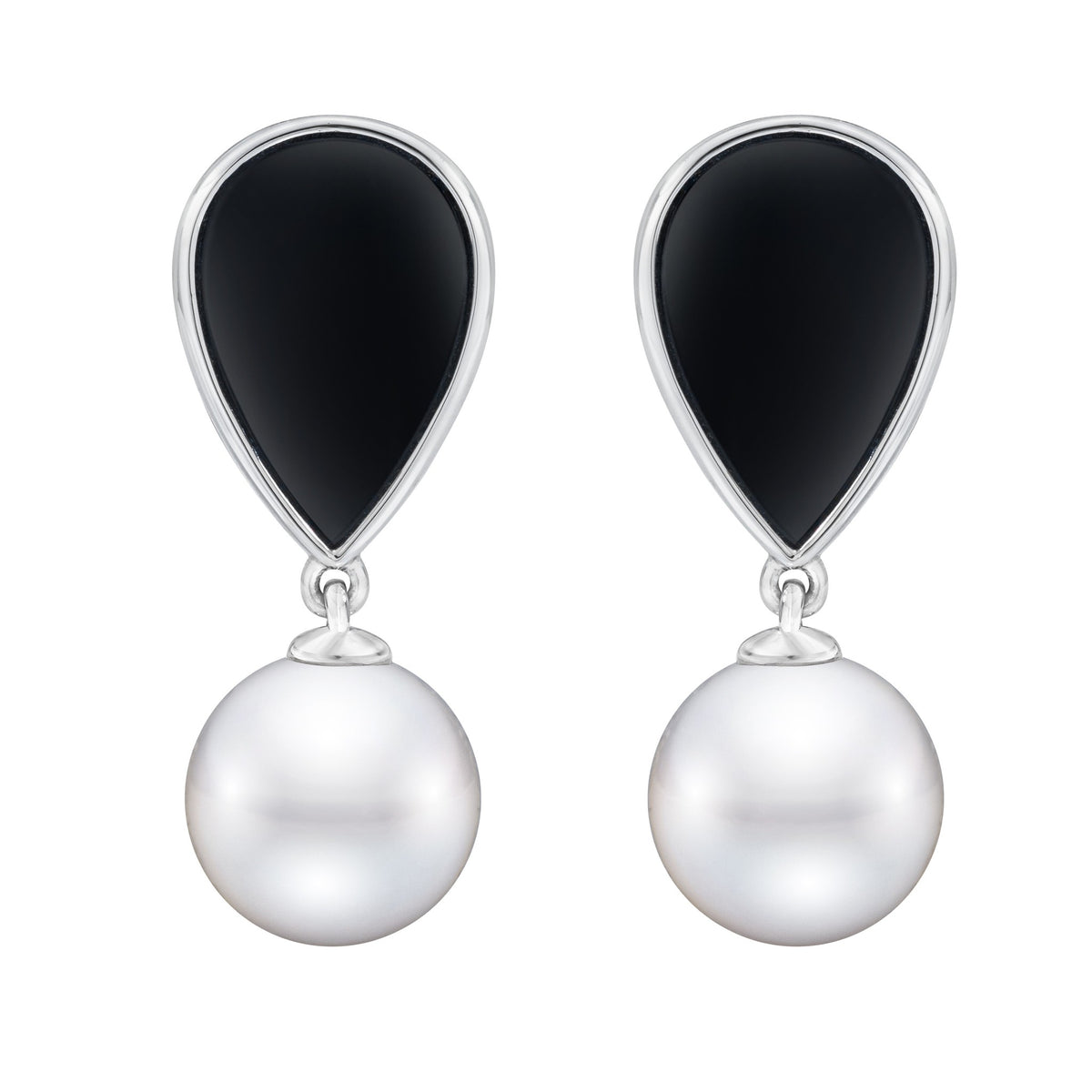 14K white gold black onyx and pearl dangle earrings with elegant design by ISAAC WESTMAN, featuring polished onyx and lustrous pearls.
