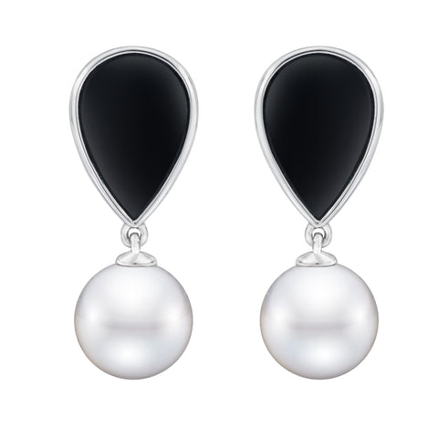 14K white gold black onyx and pearl dangle earrings with elegant design by ISAAC WESTMAN, featuring polished onyx and lustrous pearls.