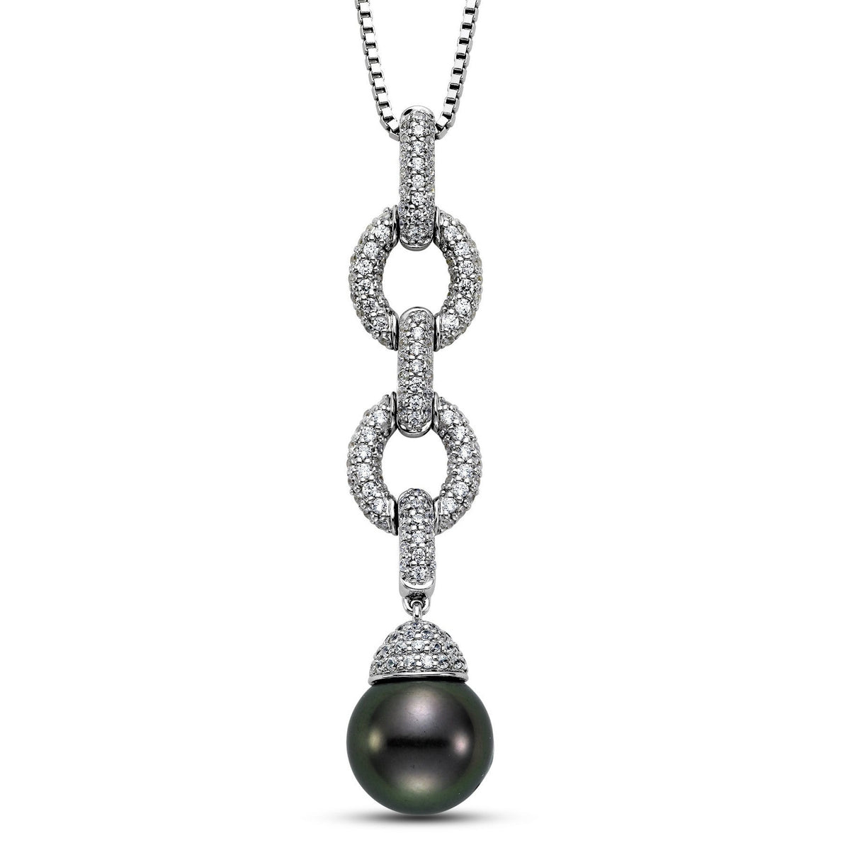 Black Tahitian pearl and diamond pendant by Isaac Westman featuring a sleek black pearl and sparkling diamonds in a elegant pendant setting.