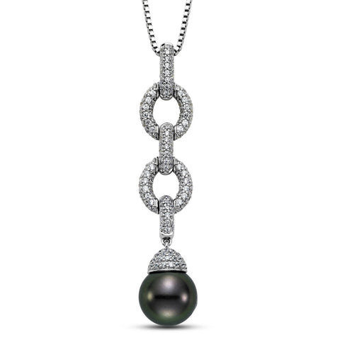 Black Tahitian pearl and diamond pendant by Isaac Westman featuring a sleek black pearl and sparkling diamonds in a elegant pendant setting.