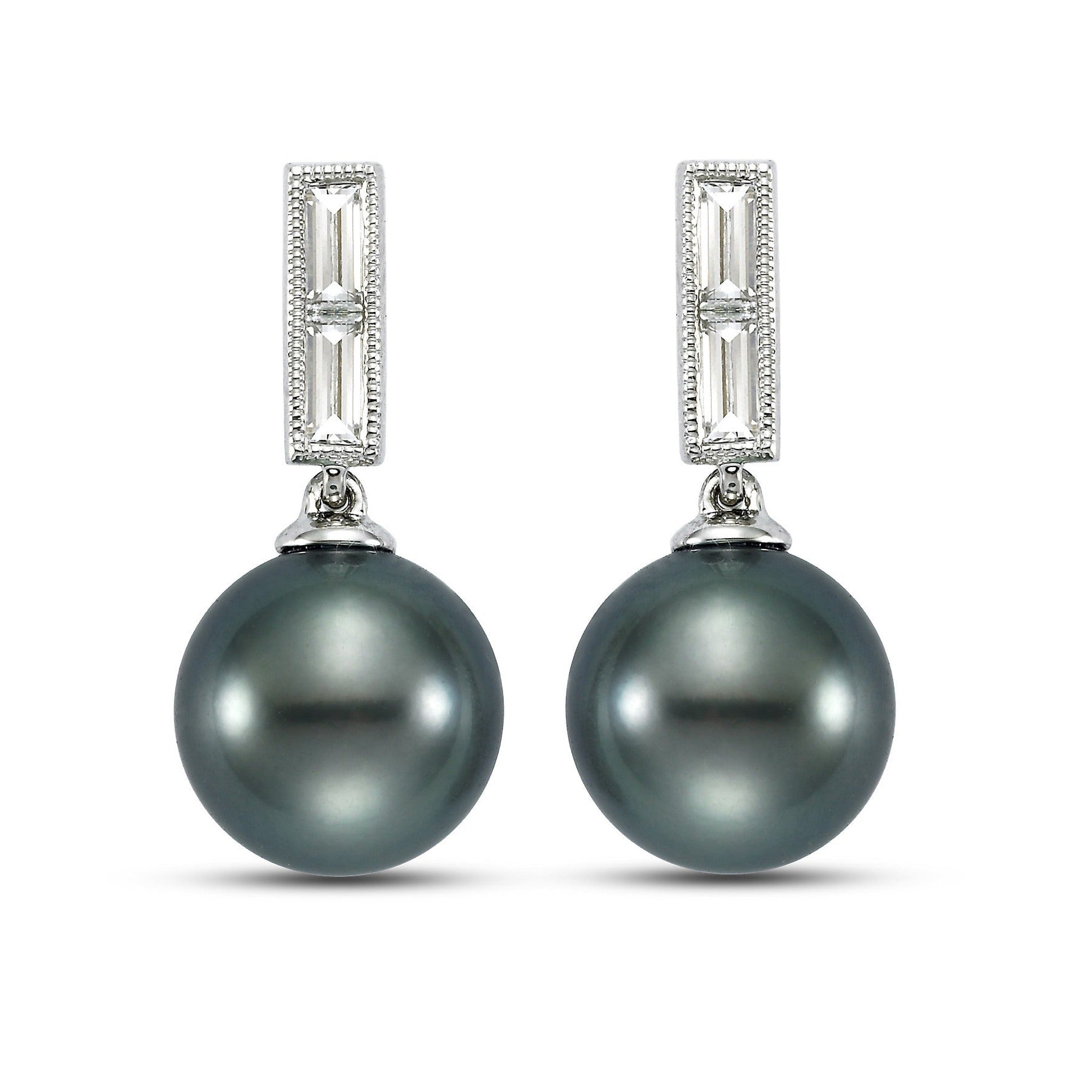 Black Tahitian Pearl and 0.50 CTTW diamond earrings by Isaac Westman, featuring lustrous pearls and sparkling diamonds.