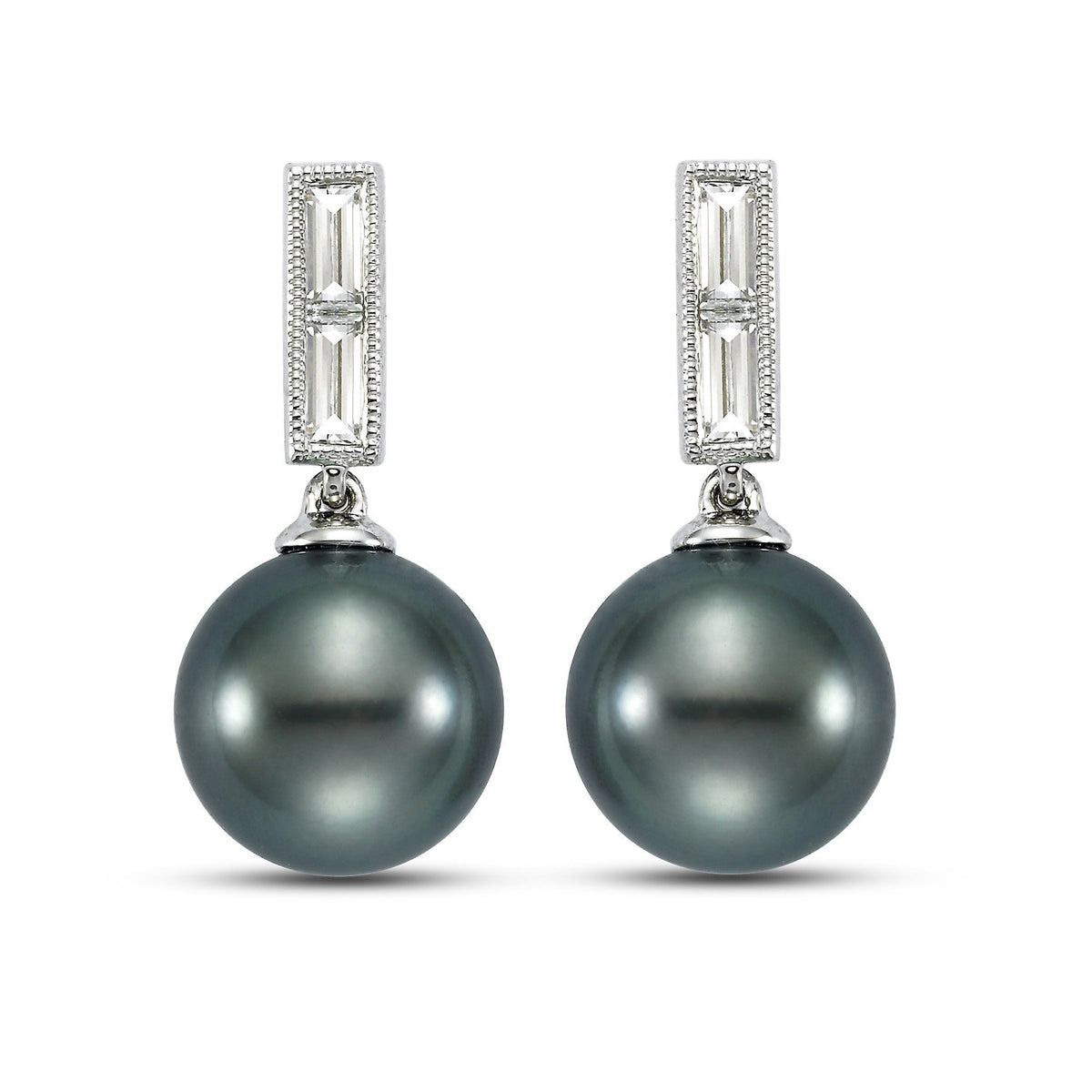 Black Tahitian Pearl and 0.50 CTTW diamond earrings by Isaac Westman, featuring lustrous pearls and sparkling diamonds.