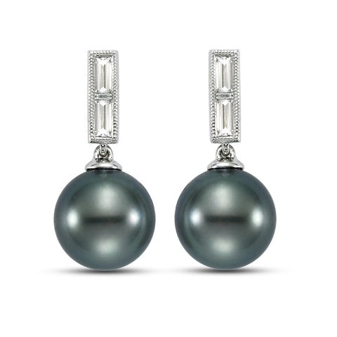 Black Tahitian Pearl and 0.50 CTTW diamond earrings by Isaac Westman, featuring lustrous pearls and sparkling diamonds.