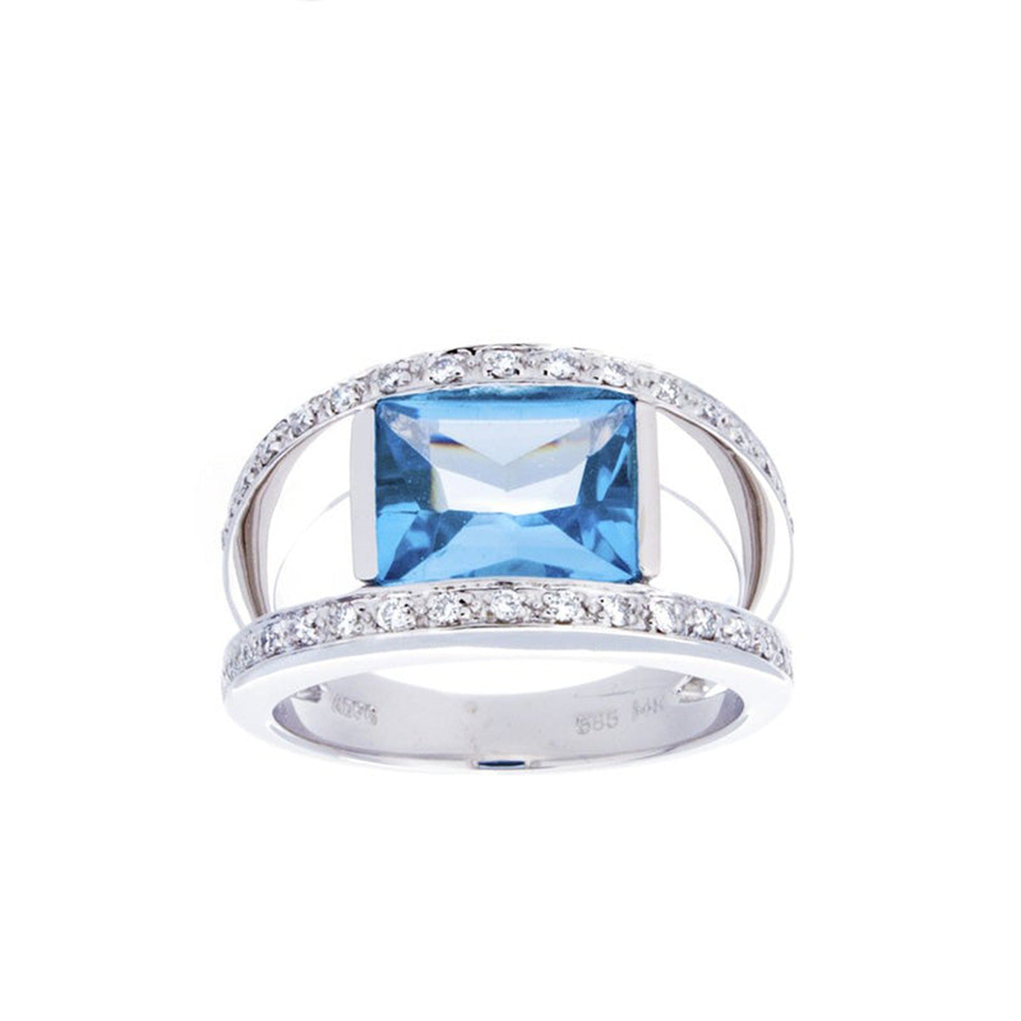 Gold ring with a central blue topaz gemstone and diamond accents, crafted by Isaac Westman.