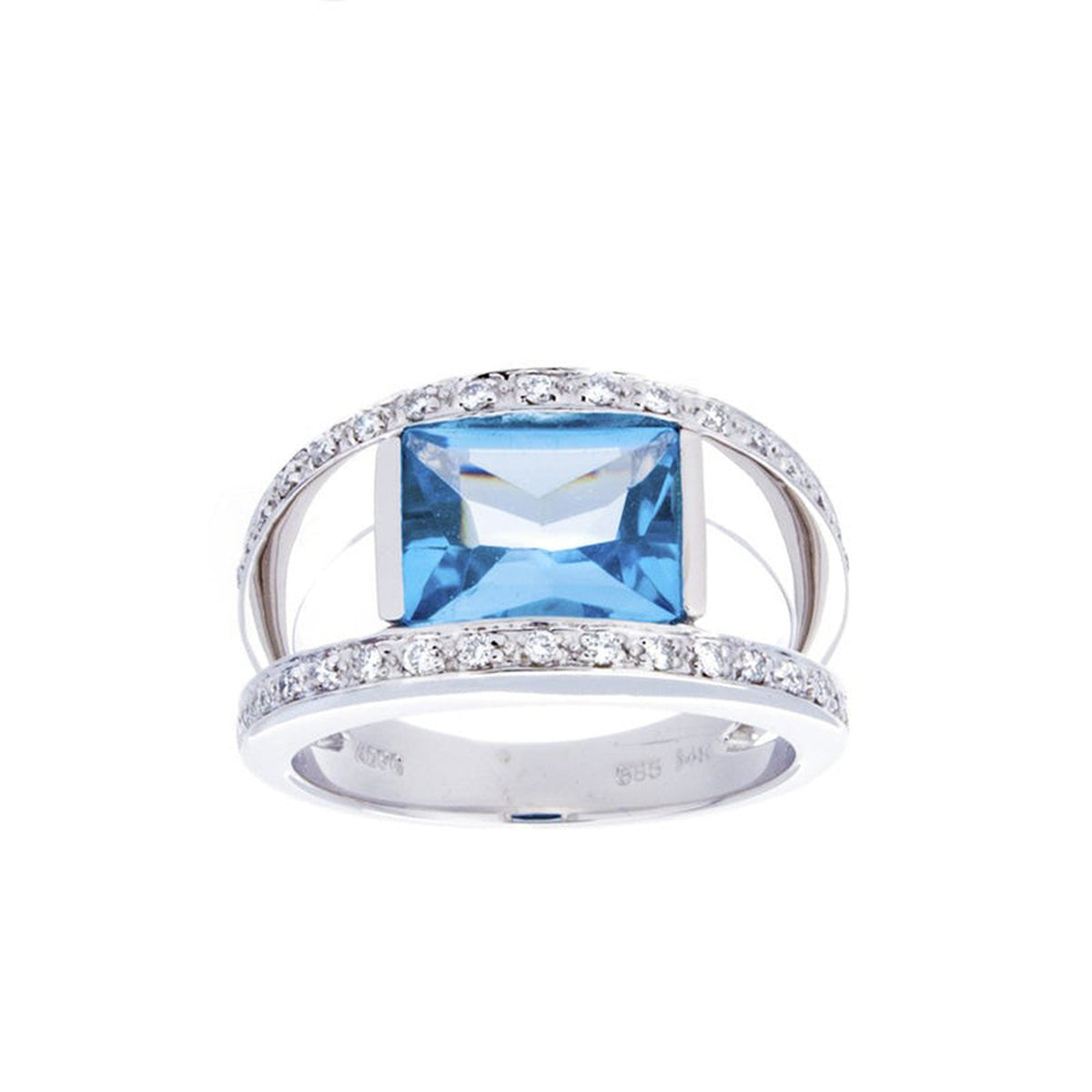 Gold ring with a central blue topaz gemstone and diamond accents, crafted by Isaac Westman.