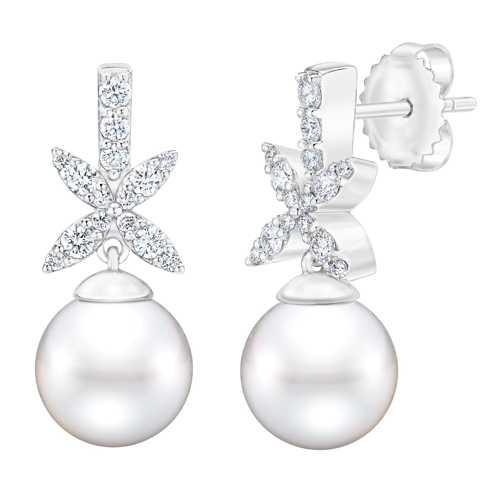 Elegant diamond and freshwater pearl dangle earrings by ISAAC WESTMAN, featuring sparkling diamonds and lustrous pearls.