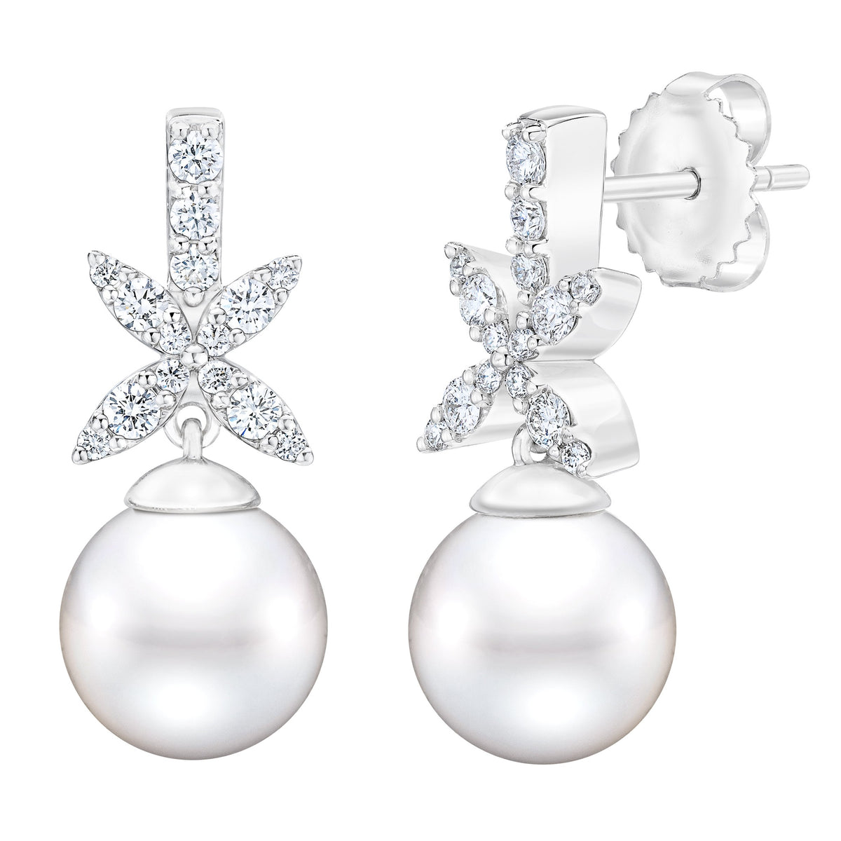 Elegant diamond and freshwater pearl dangle earrings by ISAAC WESTMAN, featuring sparkling diamonds and lustrous pearls.