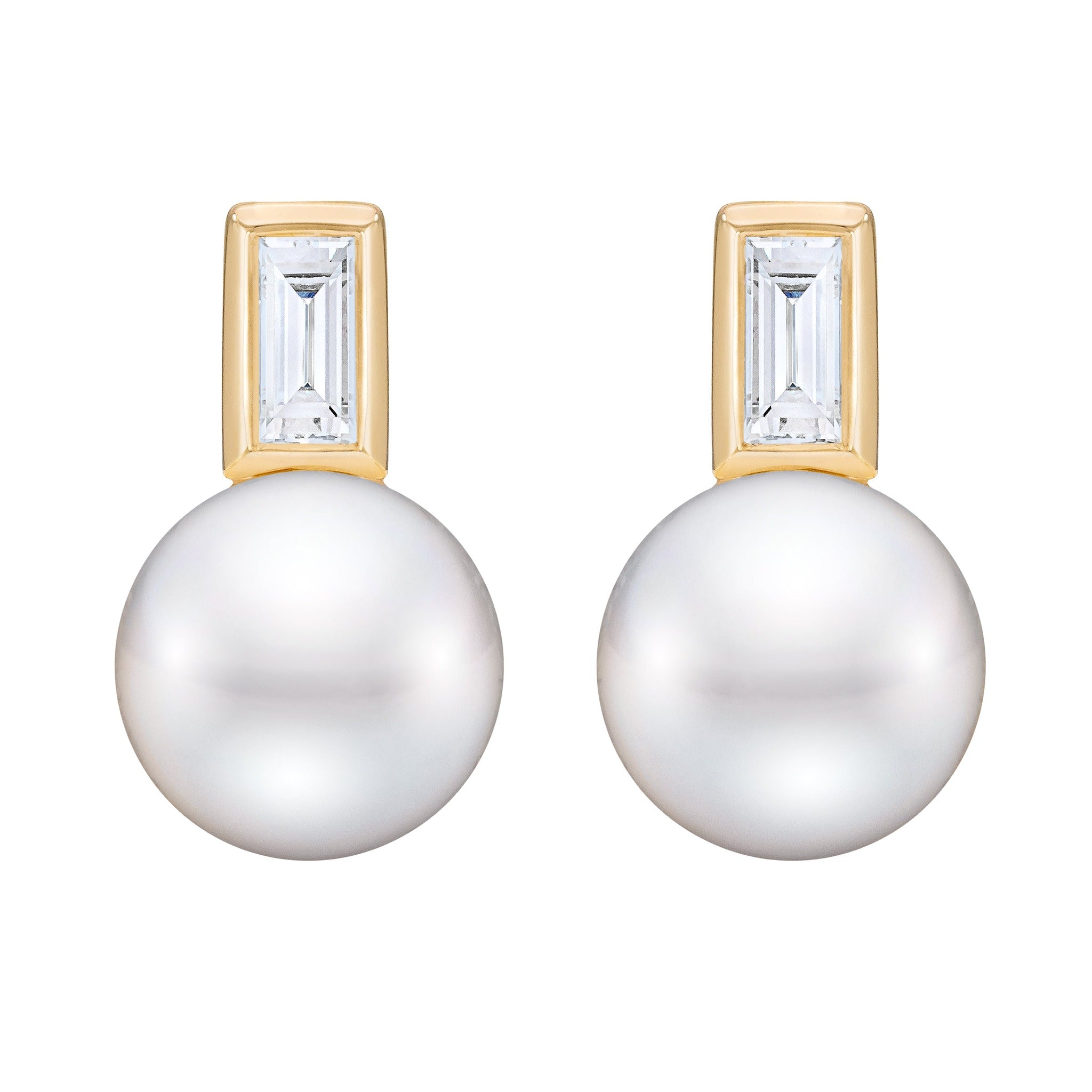 Gold drop earrings by ISAAC WESTMAN® featuring emerald-cut diamonds and freshwater pearl accents, front view.