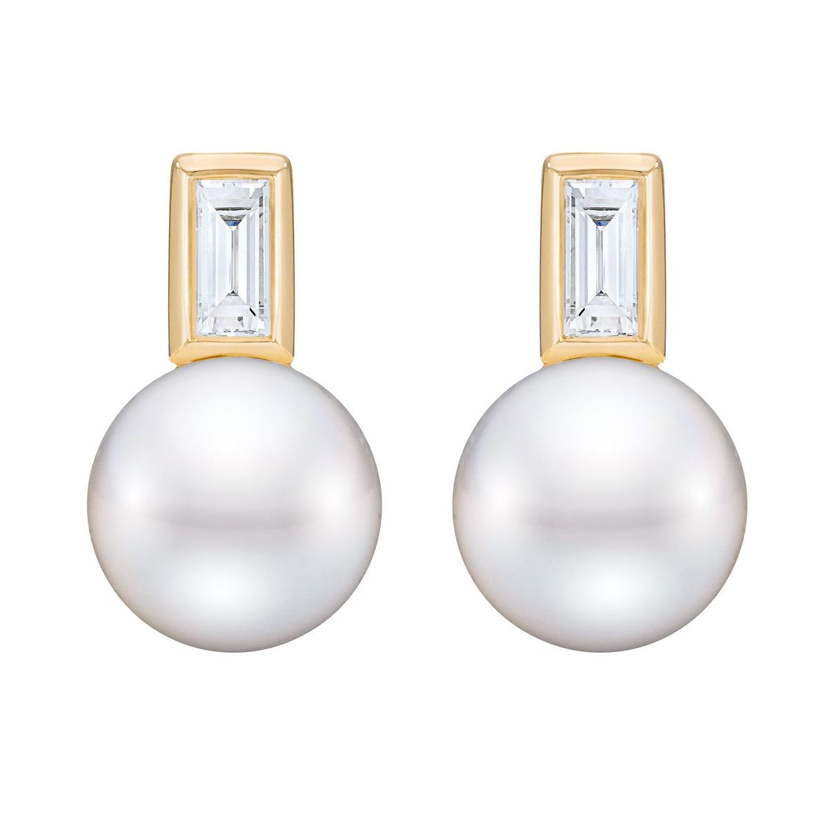 Gold drop earrings by ISAAC WESTMAN® featuring emerald-cut diamonds and freshwater pearl accents, front view.