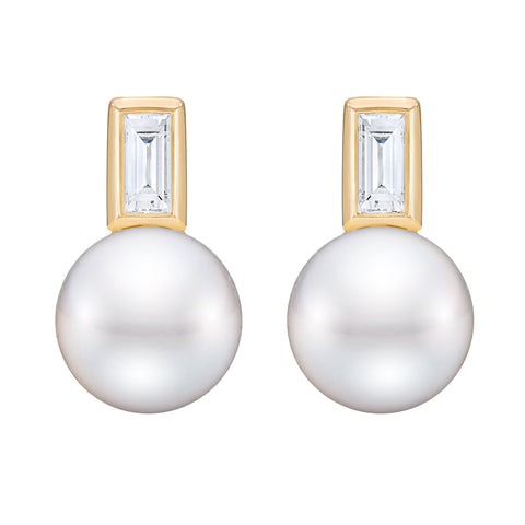 Gold drop earrings by ISAAC WESTMAN® featuring emerald-cut diamonds and freshwater pearl accents, front view.