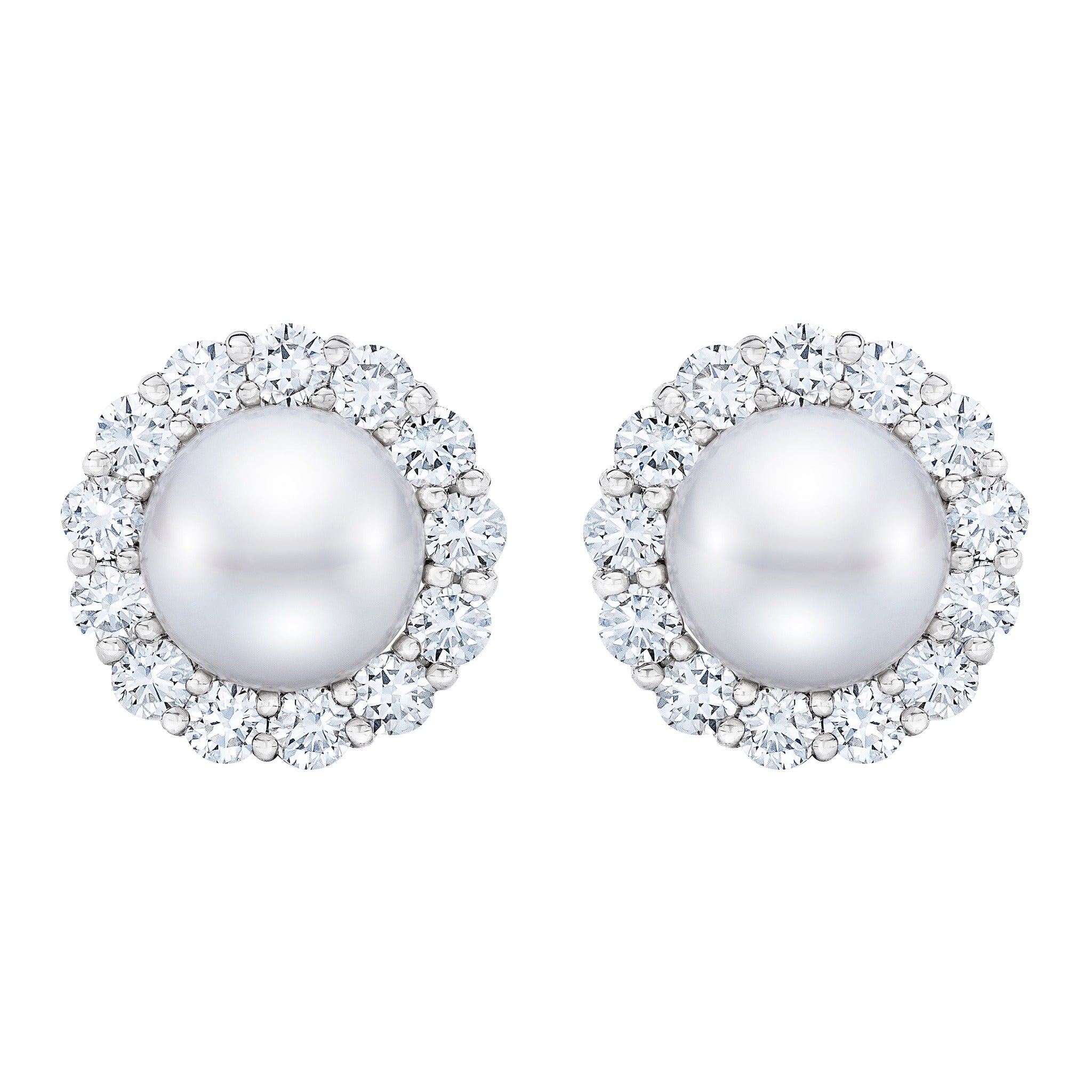 Isaac Westman freshwater pearl and diamond halo earrings, elegant jewelry featuring round pearls and sparkling diamonds in a halo design.