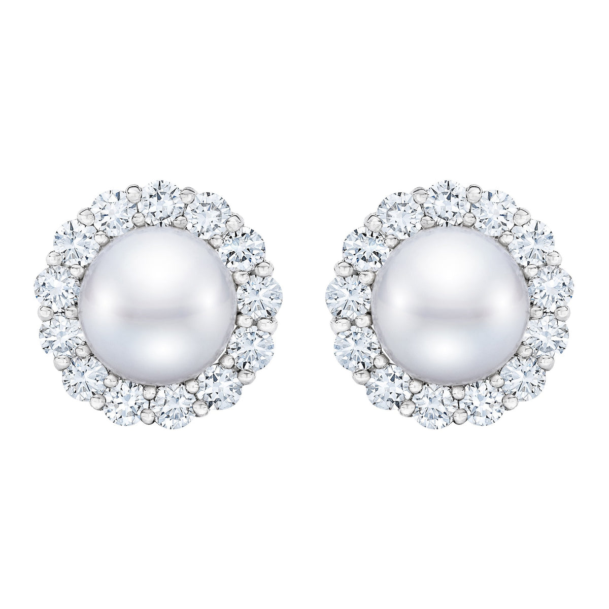 Isaac Westman freshwater pearl and diamond halo earrings, elegant jewelry featuring round pearls and sparkling diamonds in a halo design.