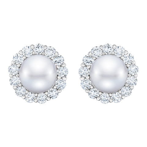 Isaac Westman freshwater pearl and diamond halo earrings, elegant jewelry featuring round pearls and sparkling diamonds in a halo design.