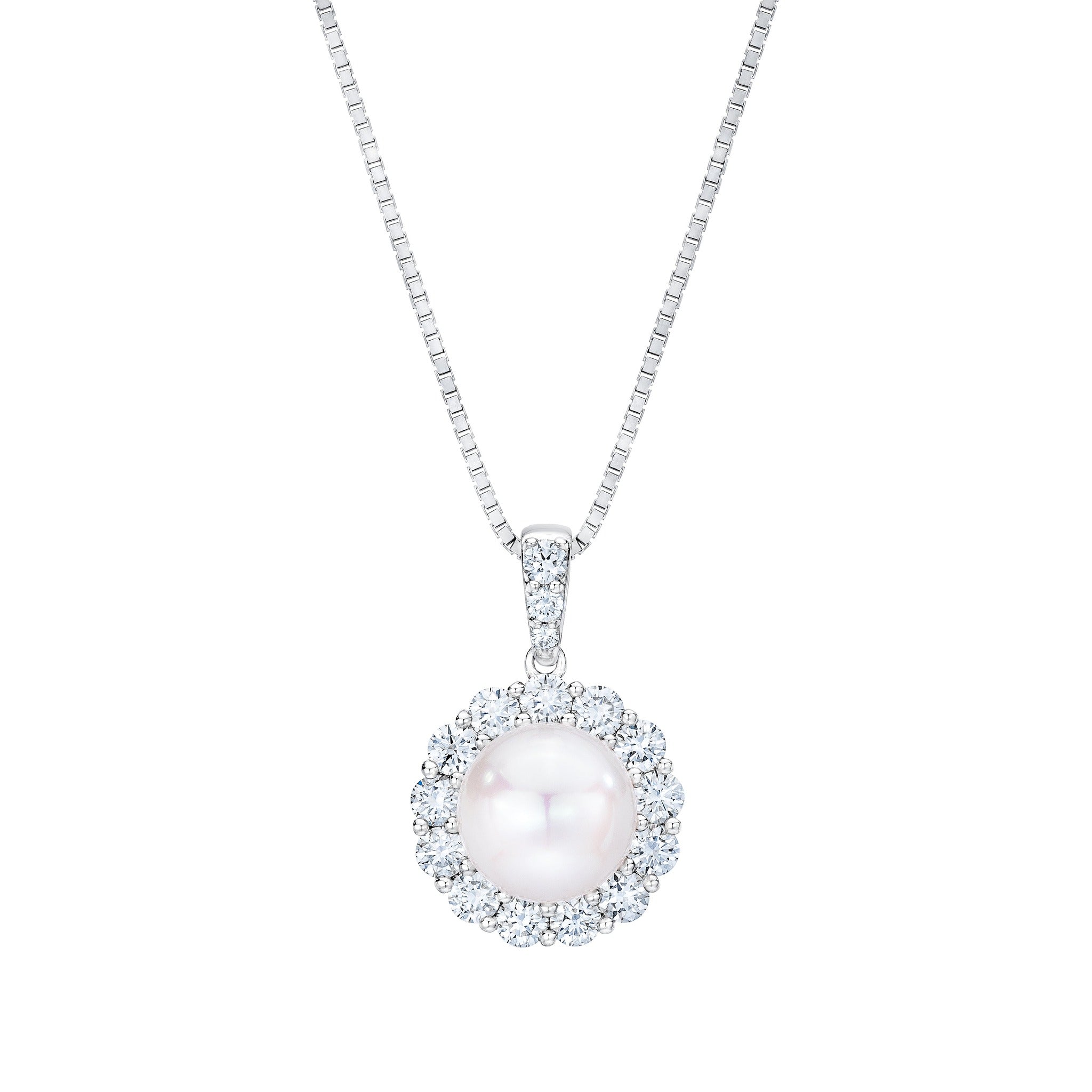 Freshwater pearl and diamond halo pendant by Isaac Westman featuring a luminous pearl surrounded by sparkling diamonds.