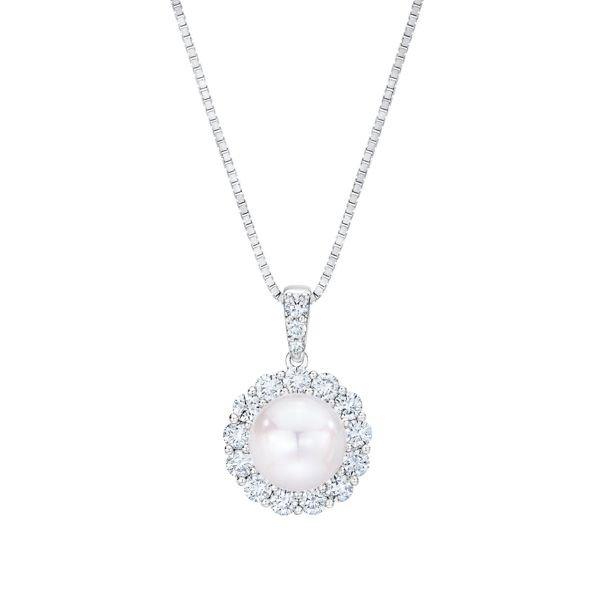Freshwater pearl and diamond halo pendant by Isaac Westman featuring a luminous pearl surrounded by sparkling diamonds.
