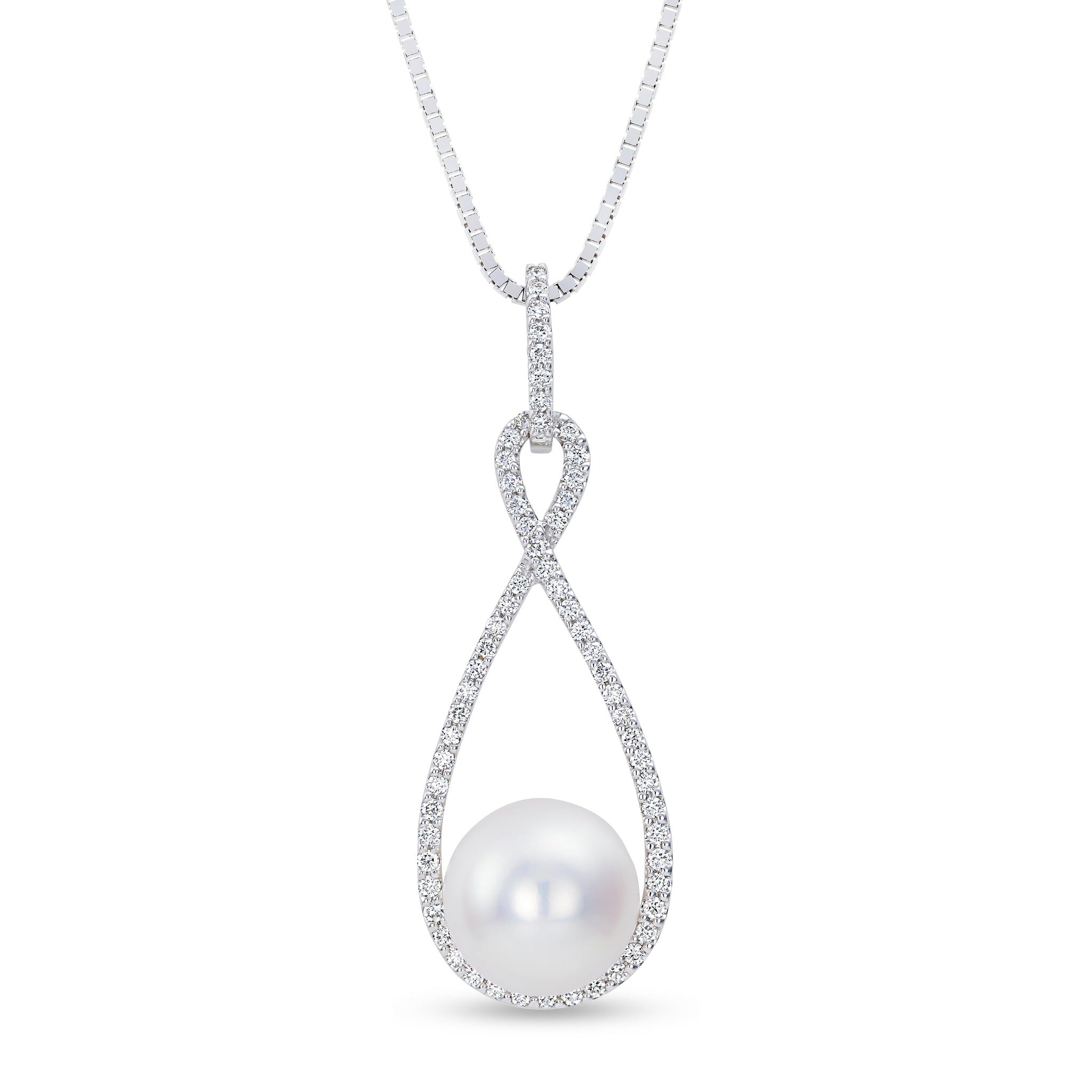Isaac Westman freshwater pearl and diamond pendant hanging on a chain, showcasing elegant jewelry design and sparkling accents.