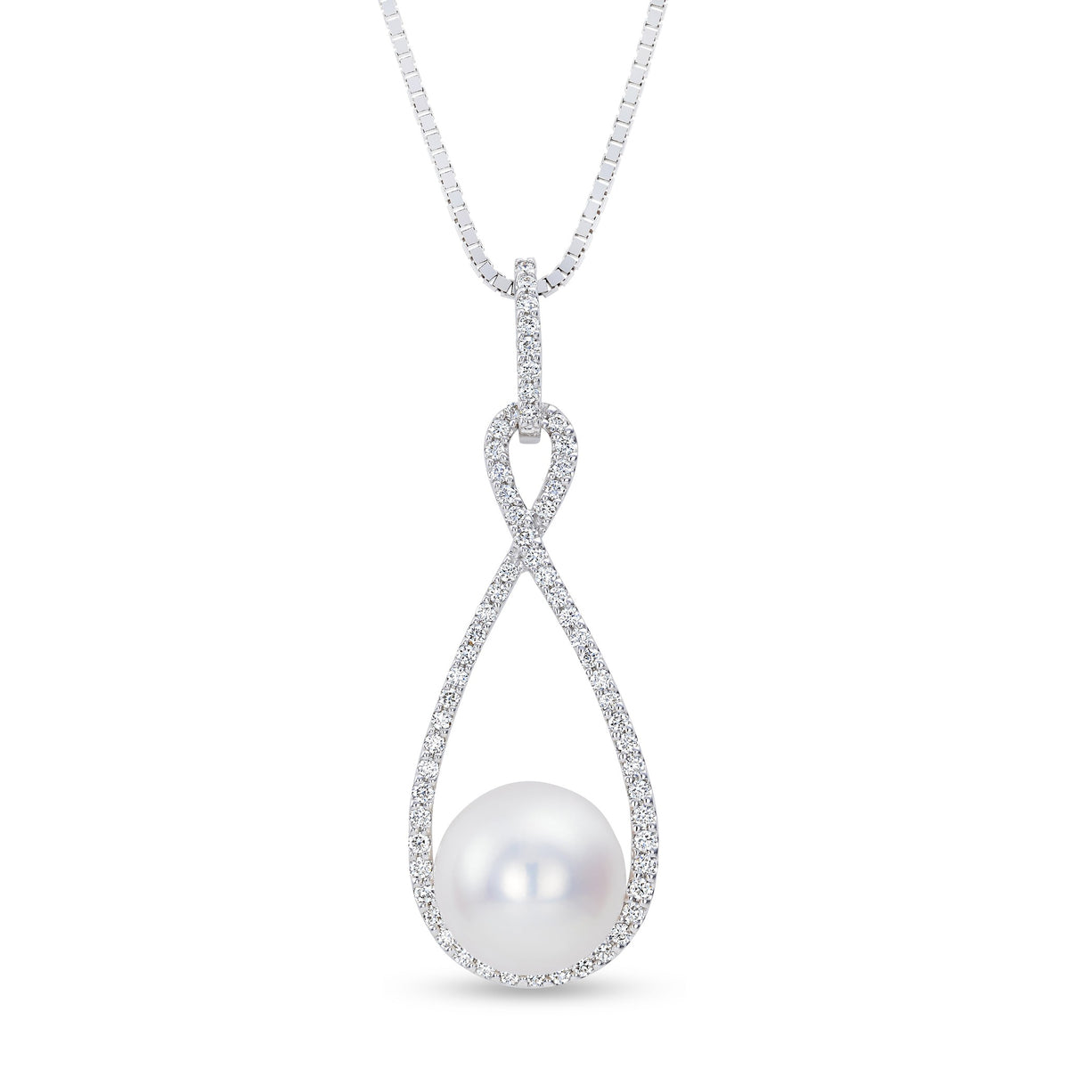 Isaac Westman freshwater pearl and diamond pendant hanging on a chain, showcasing elegant jewelry design and sparkling accents.
