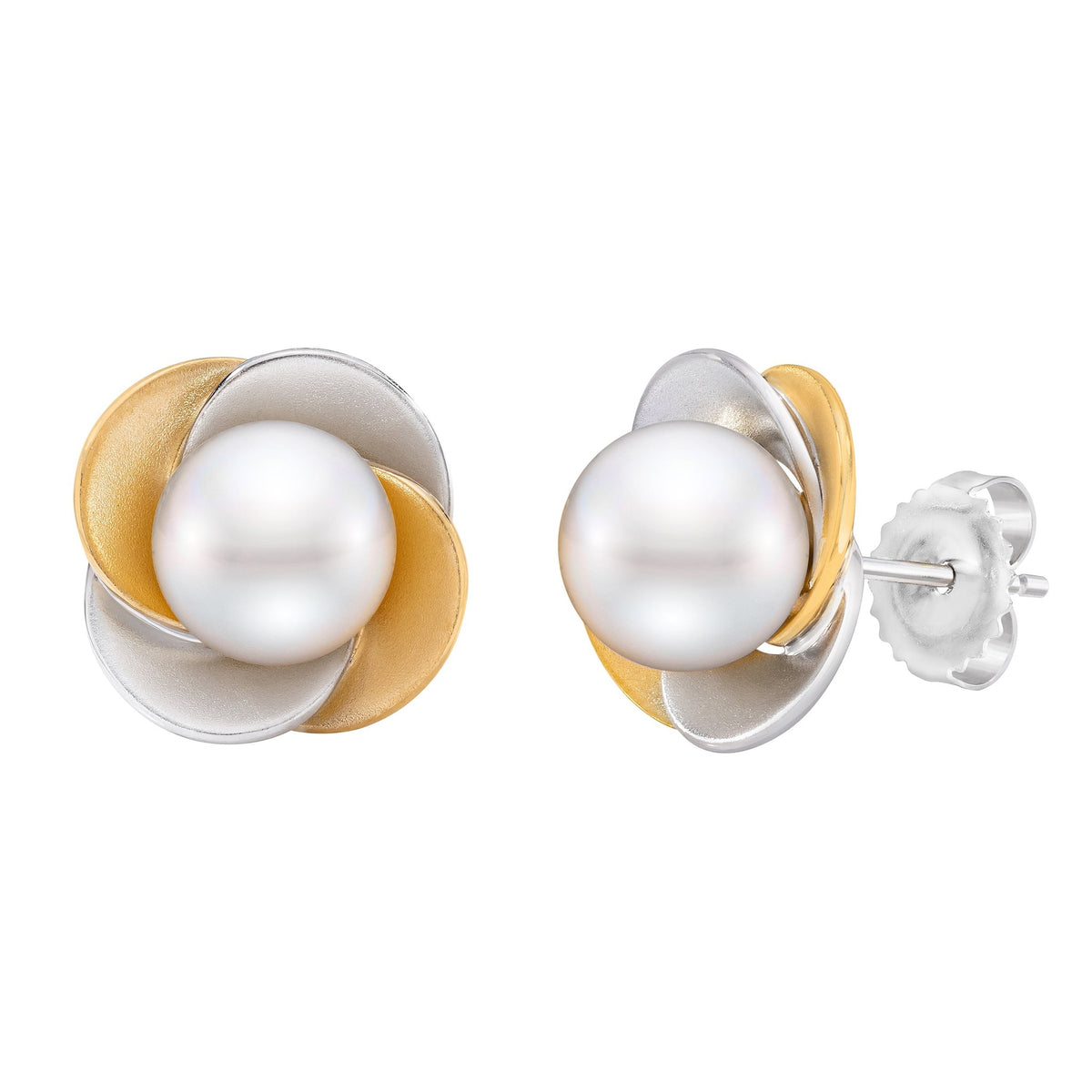Freshwater pearl flower earrings by ISAAC WESTMAN featuring two-tone gold and pearl design, displayed on a white background.