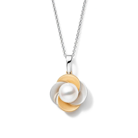 Freshwater pearl flower pendant by ISAAC WESTMAN featuring a two-tone floral design, showcasing a delicate pearl centerpiece.