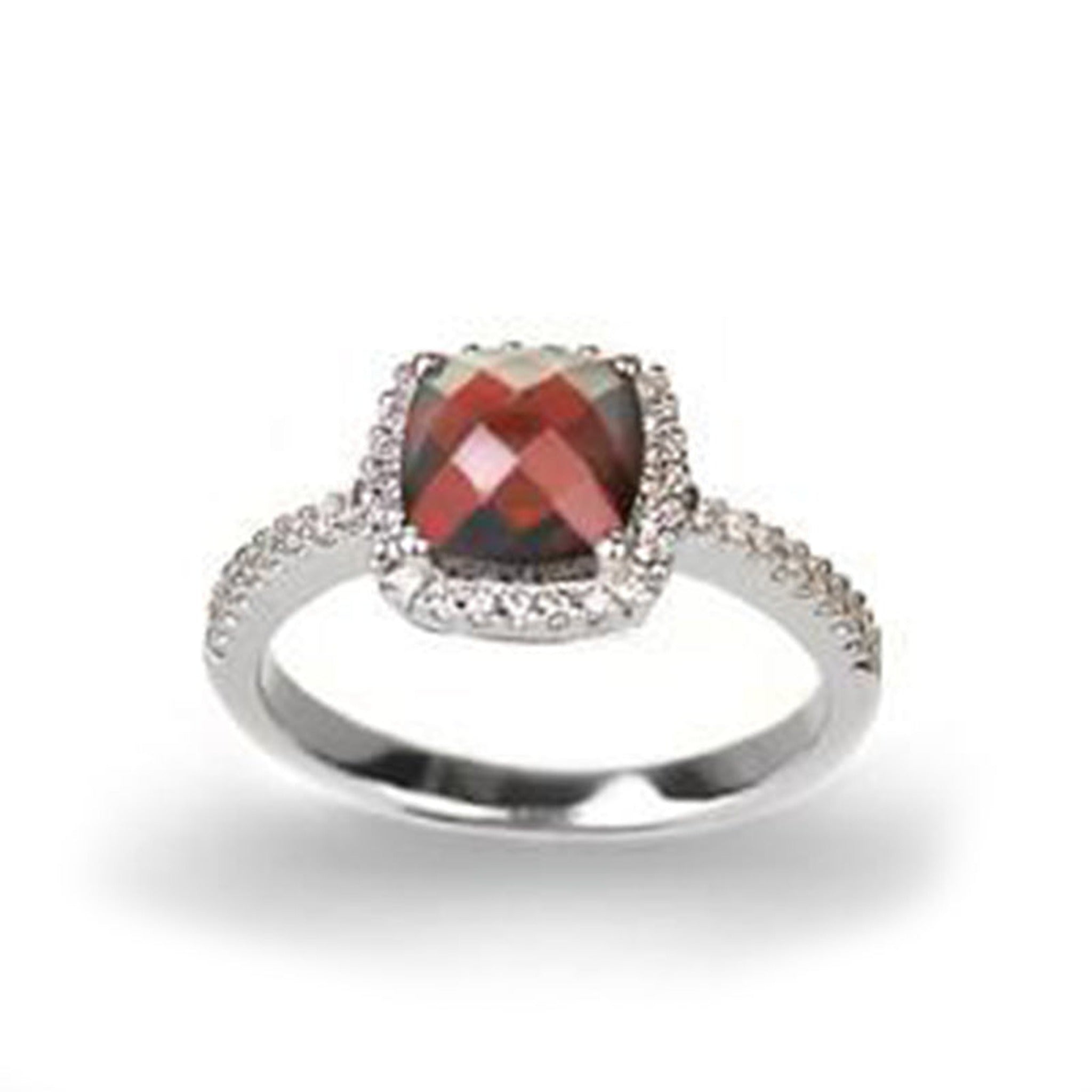 Isaac Westman garnet and diamond ring featuring a central garnet gemstone and sparkling diamonds on a sleek band.