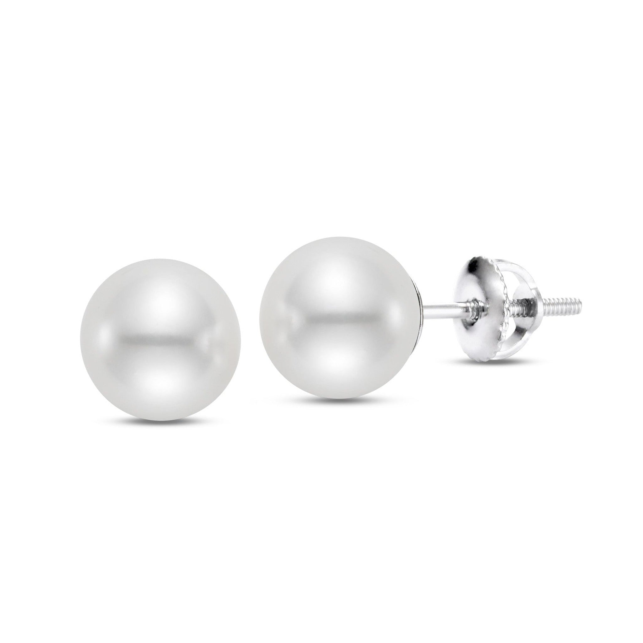 Japanese Akoya cultured pearl stud earrings with screw back from ISAAC WESTMAN®, featuring elegant, round pearls on sterling silver posts.
