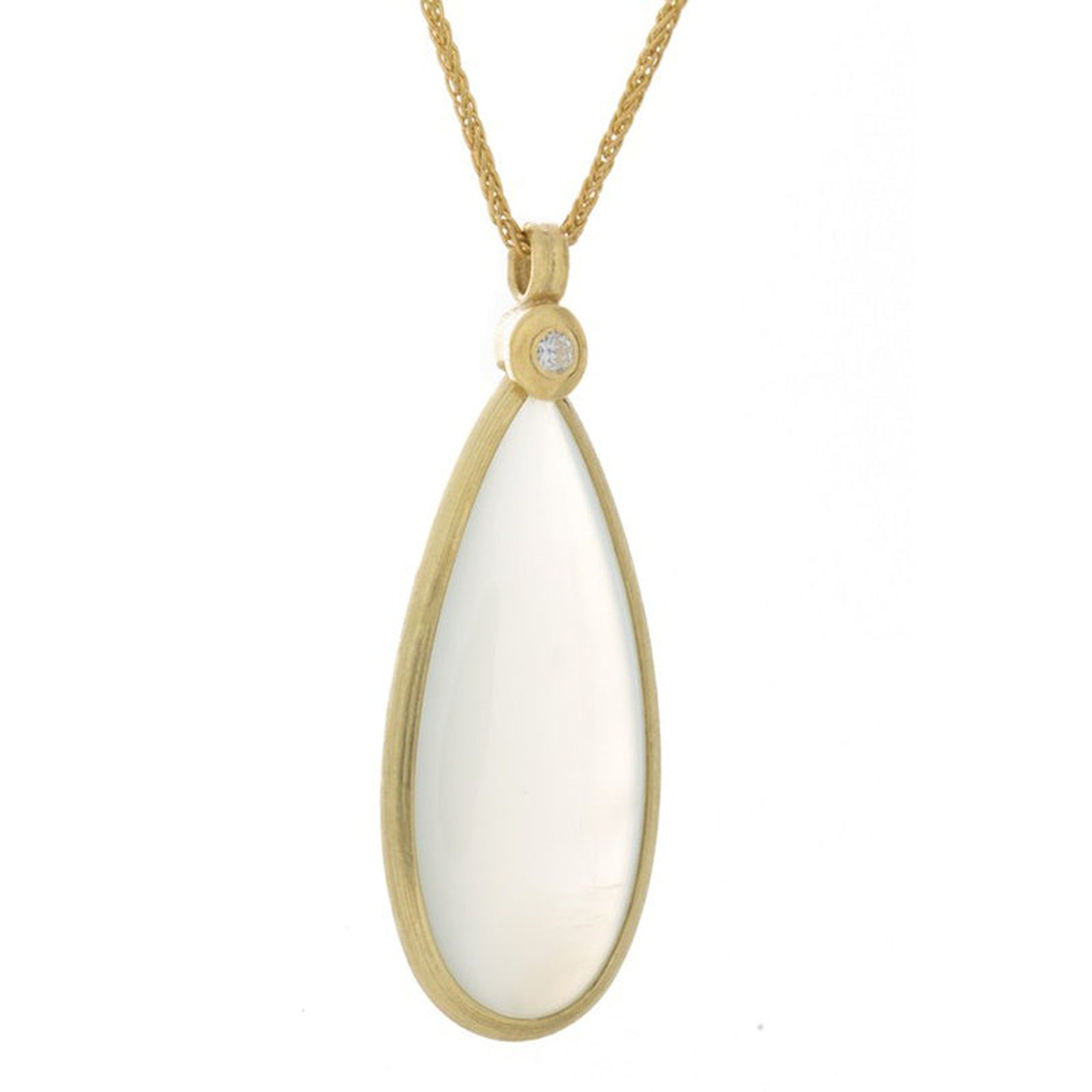 Yellow gold moonstone pendant featuring a smooth, polished moonstone gemstone set in a delicate gold pendant by Isaac Westman.