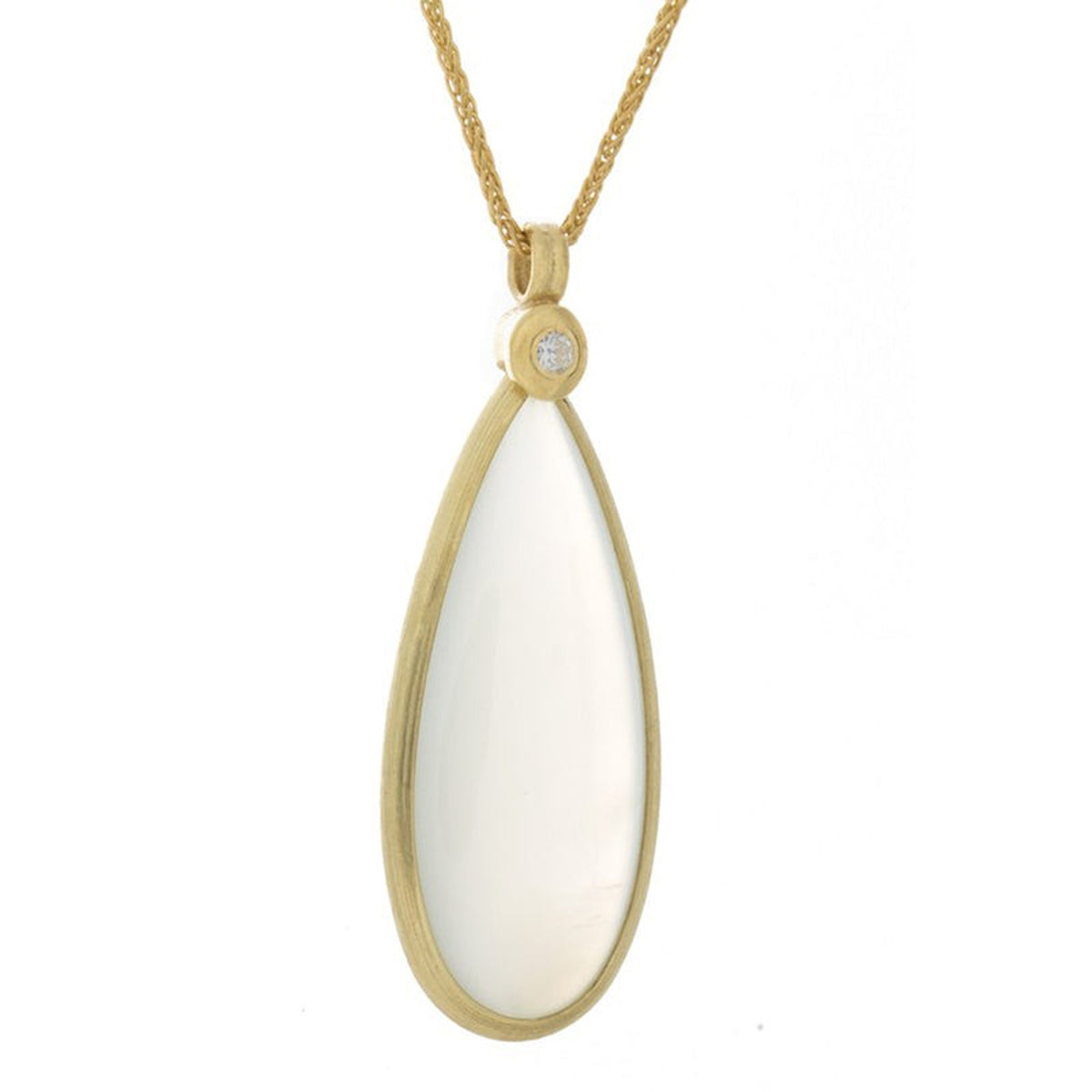 Yellow gold moonstone pendant featuring a smooth, polished moonstone gemstone set in a delicate gold pendant by Isaac Westman.