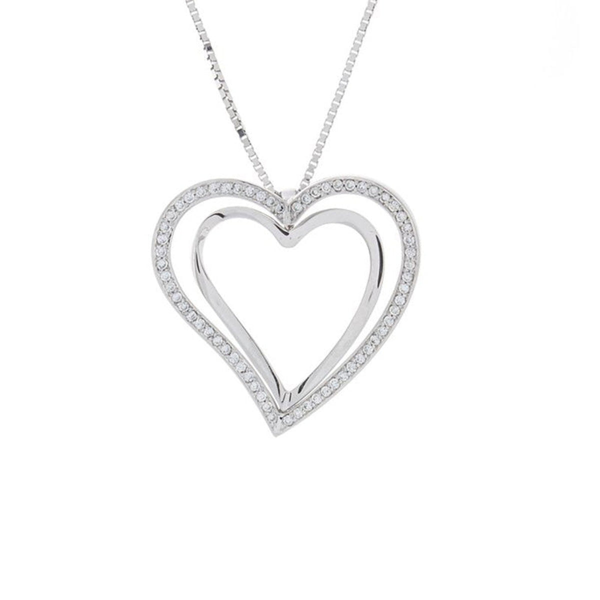 14K white gold double heart diamond pendant by Isaac Westman, featuring sparkling diamonds and elegant design.