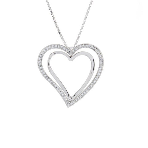 14K white gold double heart diamond pendant by Isaac Westman, featuring sparkling diamonds and elegant design.