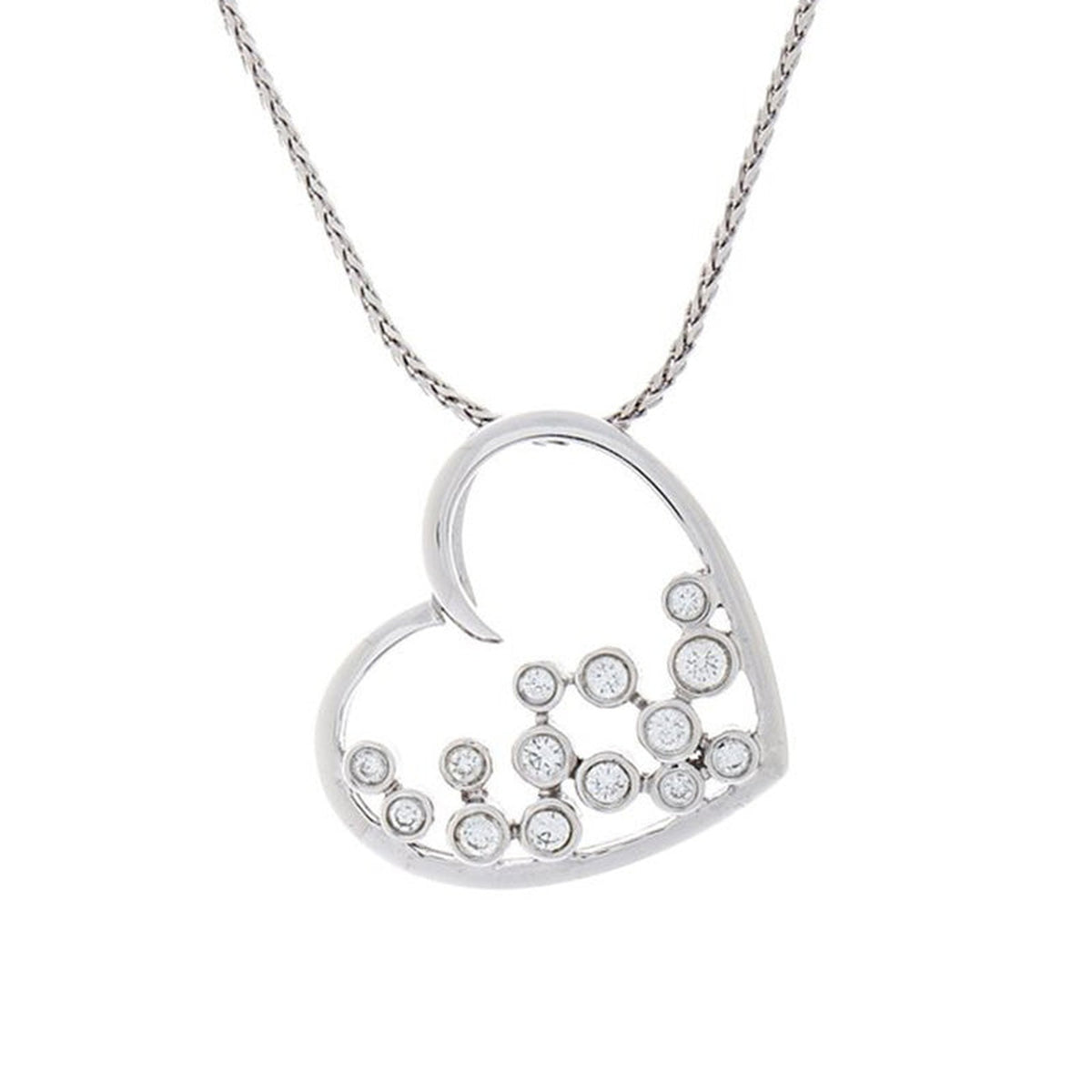 White gold and diamond heart pendant by Isaac Westman, featuring sparkling diamonds in a delicate heart-shaped design.