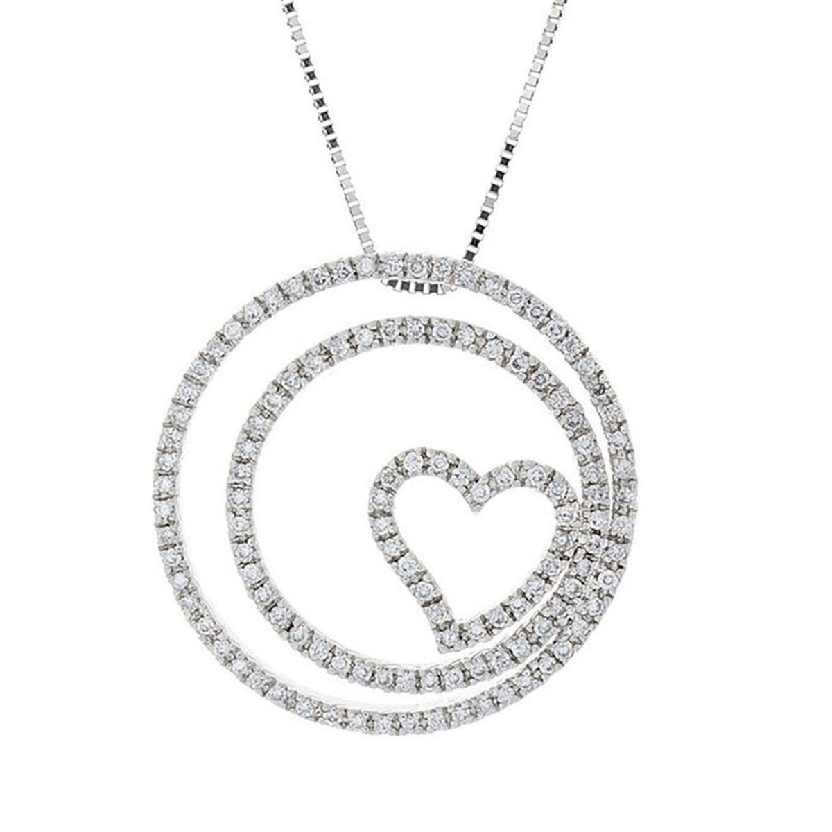Isaac Westman diamond double circle heart pendant showing a elegant silver necklace with sparkling diamond accents.