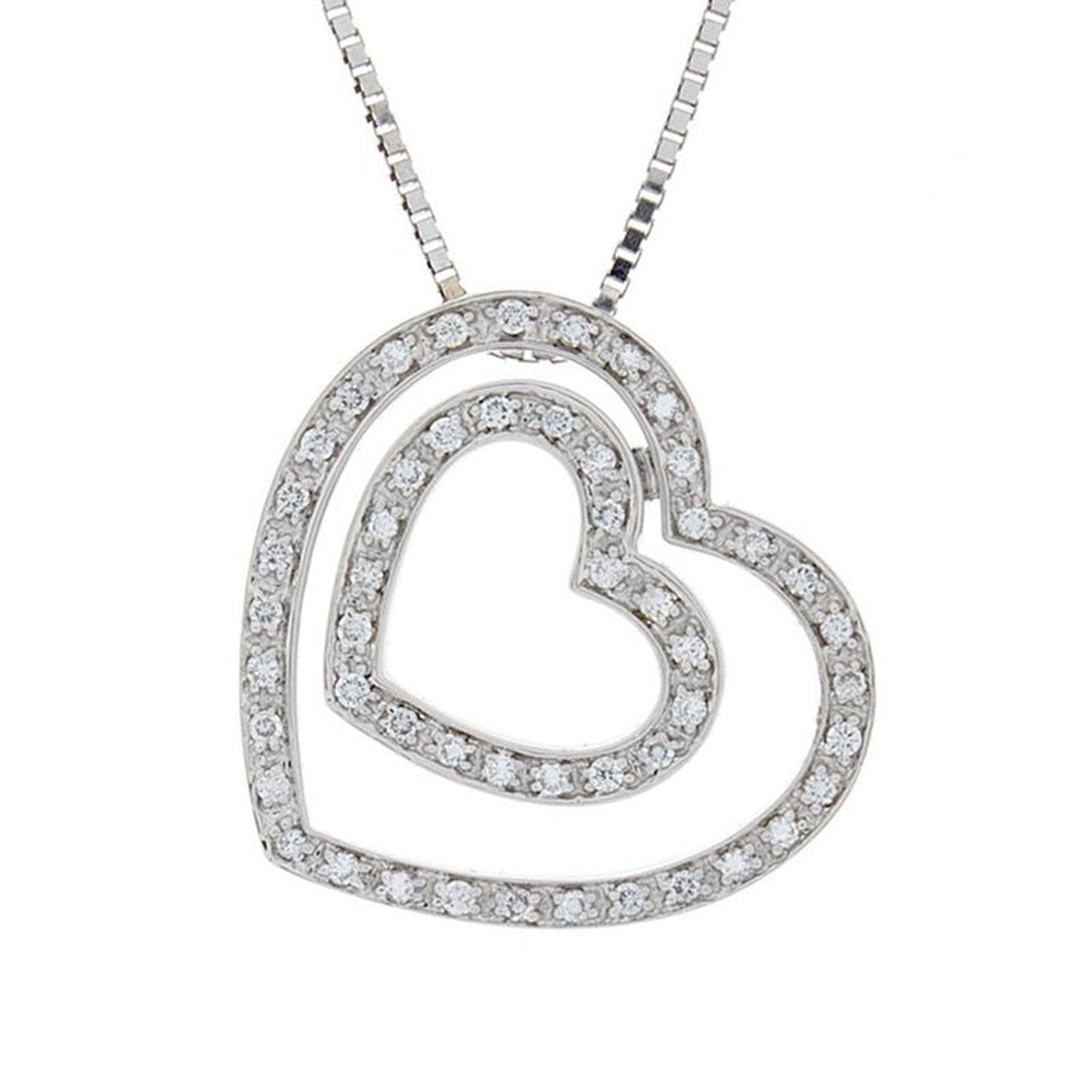 Isaac Westman diamond double heart pendant hanging on a chain, showcasing sparkling gemstones and elegant design.