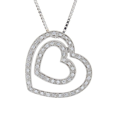 Isaac Westman diamond double heart pendant hanging on a chain, showcasing sparkling gemstones and elegant design.
