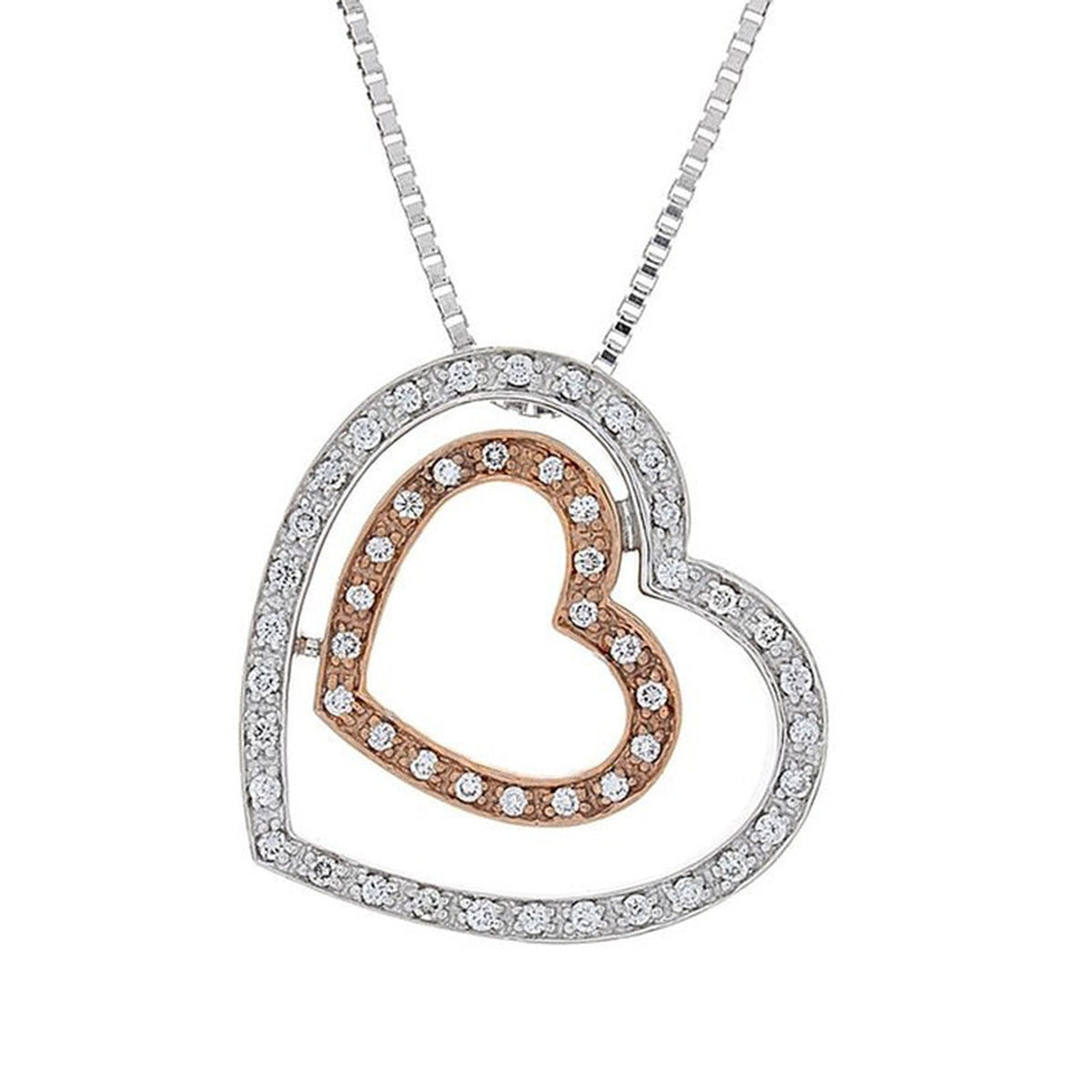 Isaac Westman two-tone double heart pendant with diamond accents, showcasing a stylish jewelry piece on a white background.