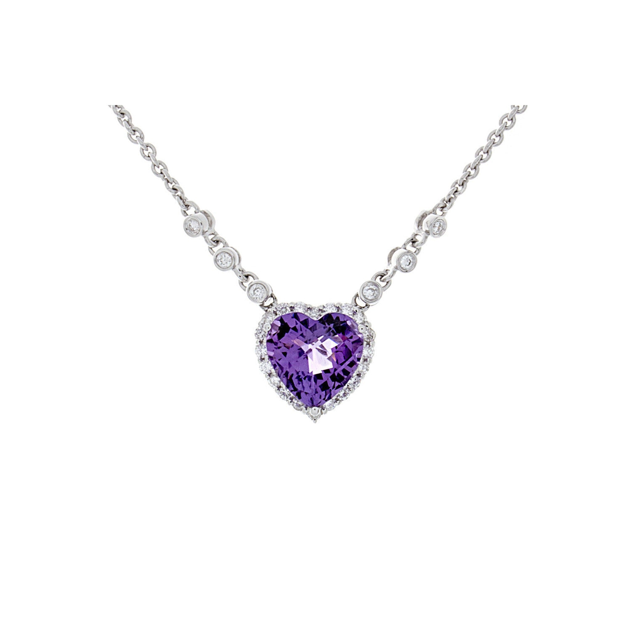 Heart-shaped amethyst and diamond pendant necklace by Isaac Westman featuring a sparkling gemstone and elegant design.