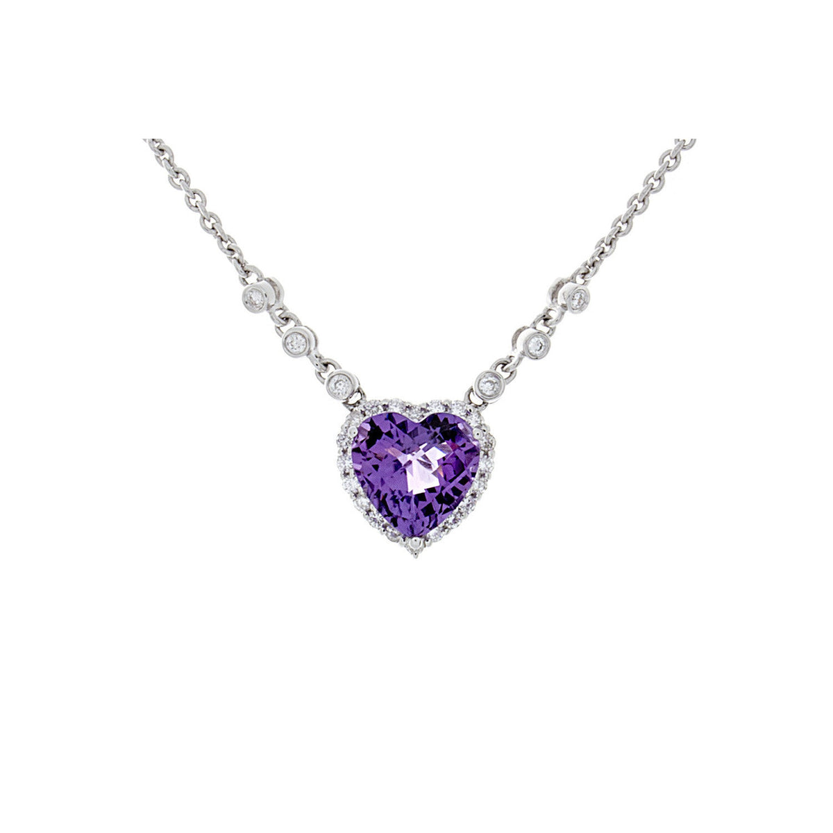 Heart-shaped amethyst and diamond pendant necklace by Isaac Westman featuring a sparkling gemstone and elegant design.