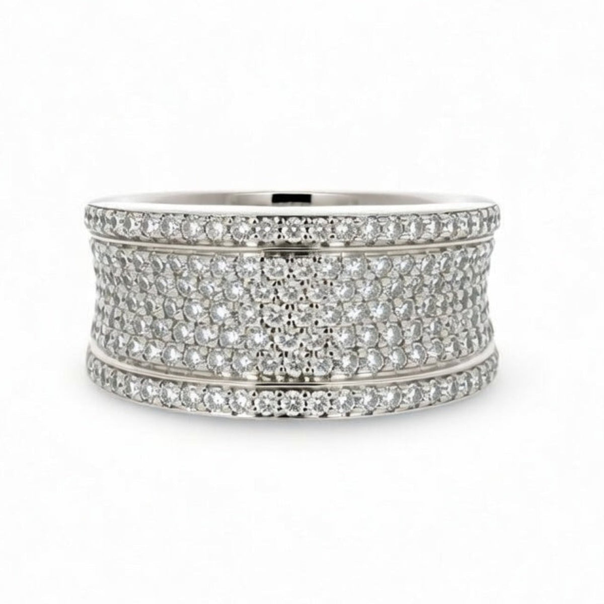 Close-up of ISAAC WESTMAN® Pavé Diamond Ring showcasing sparkling diamonds set in a sleek silver band.