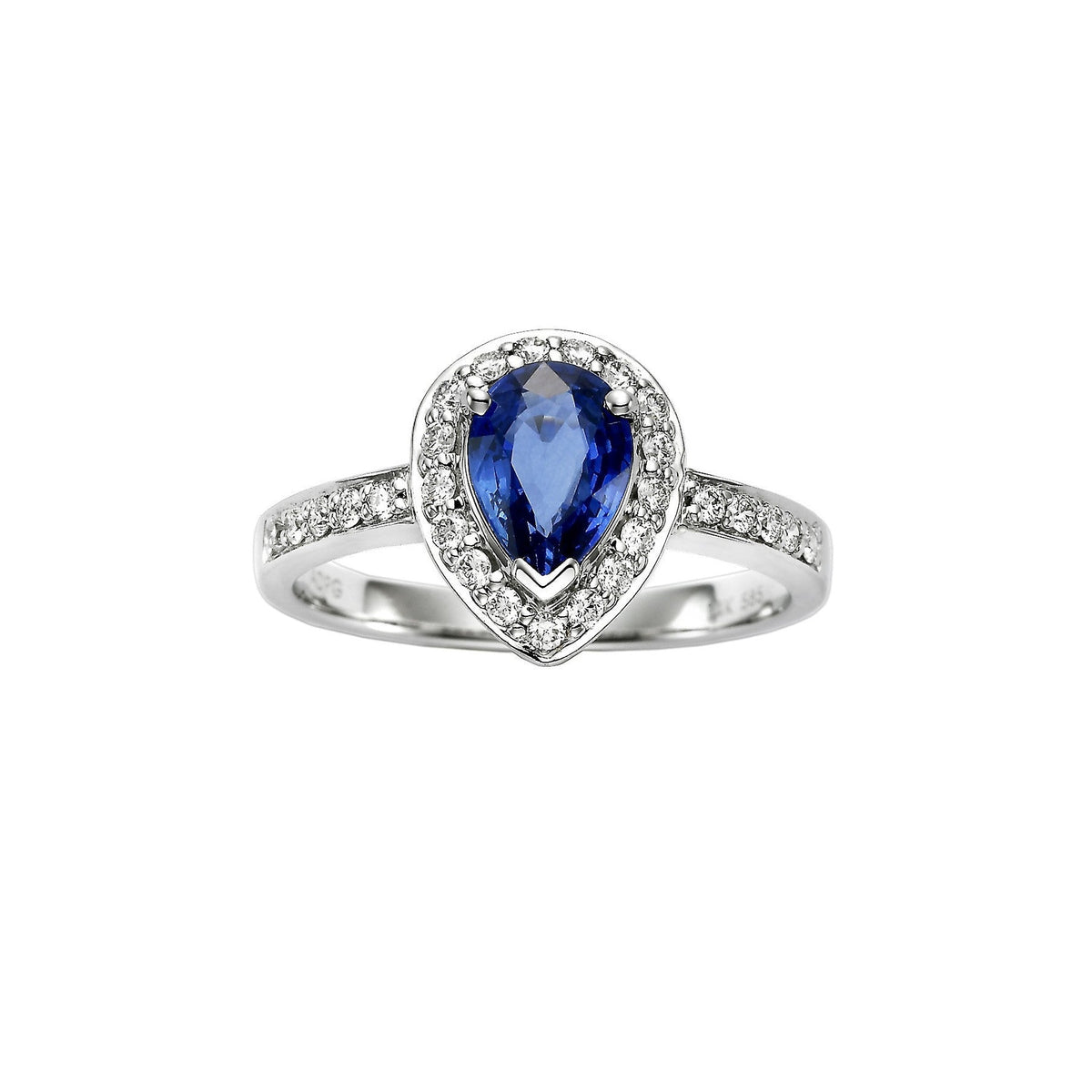 Pear-shaped blue sapphire and diamond ring by ISAAC WESTMAN® with elegant design and sparkling gemstones.