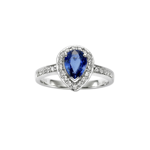 Pear-shaped blue sapphire and diamond ring by ISAAC WESTMAN® with elegant design and sparkling gemstones.