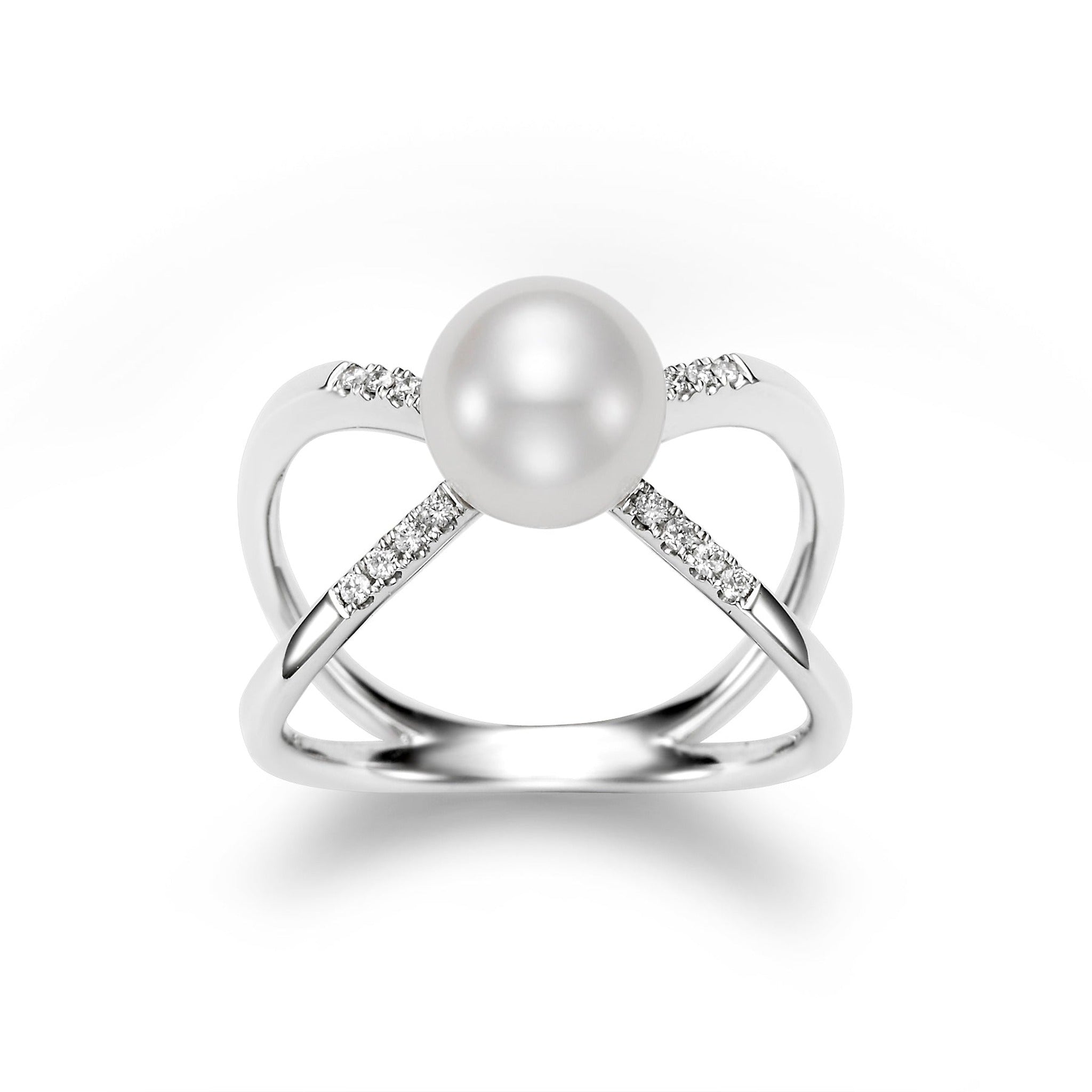 Pearl and diamond crisscross ring by ISAAC WESTMAN® featuring elegant pearl and diamond accents on a silver band.