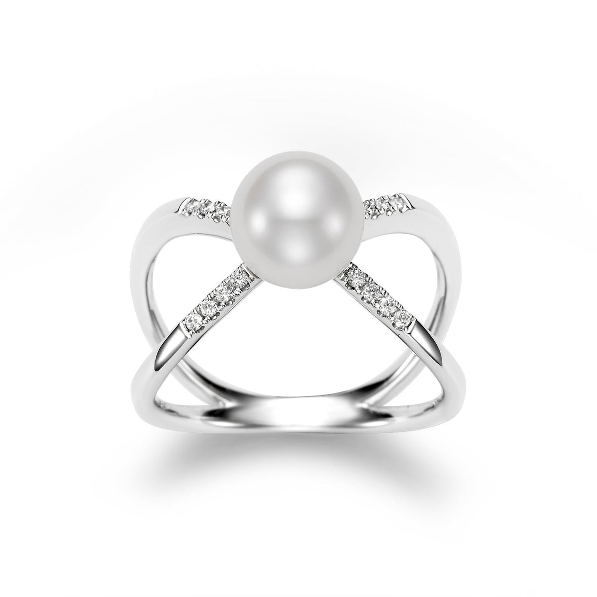 Pearl and diamond crisscross ring by ISAAC WESTMAN® featuring elegant pearl and diamond accents on a silver band.