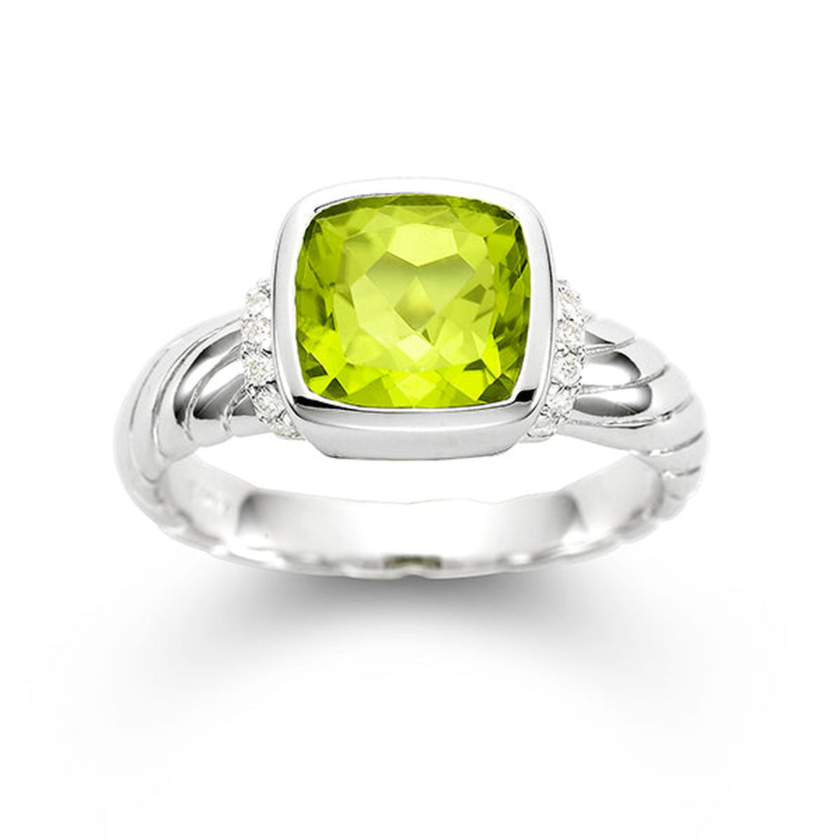 Vibrant peridot and diamond ring in 14K white gold featuring an 8x8mm peridot and 0.10 carat total weight diamonds by ISAAC WESTMAN.