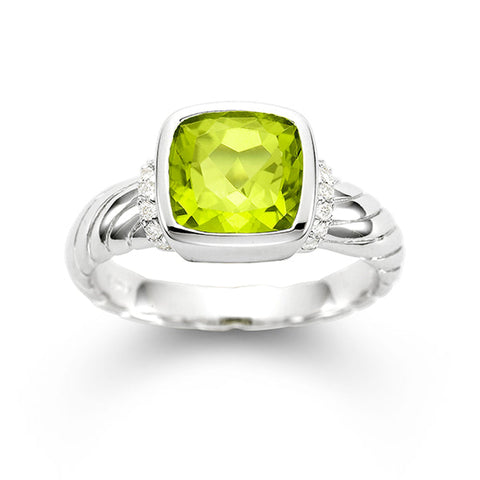 Vibrant peridot and diamond ring in 14K white gold featuring an 8x8mm peridot and 0.10 carat total weight diamonds by ISAAC WESTMAN.