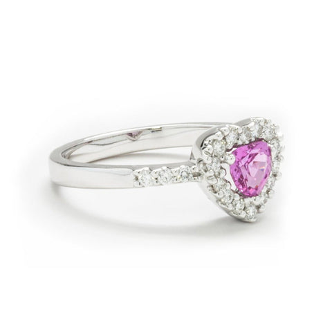 Pink sapphire heart and diamond ring by ISAAC WESTMAN®, featuring a romantic pink heart-shaped gemstone and sparkling diamonds.