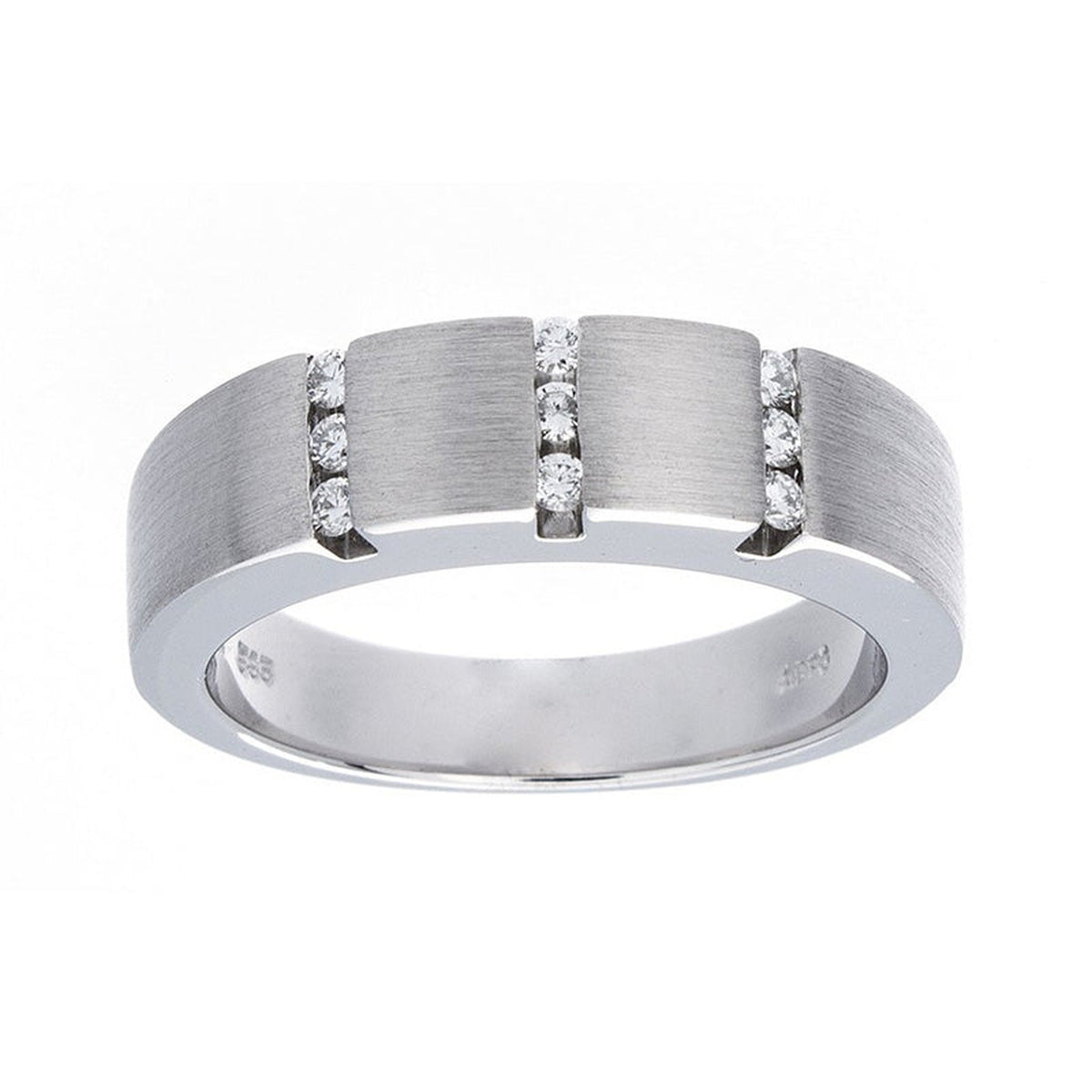 White gold diamond wedding ring by Isaac Westman featuring a sleek band with sparkling diamonds.