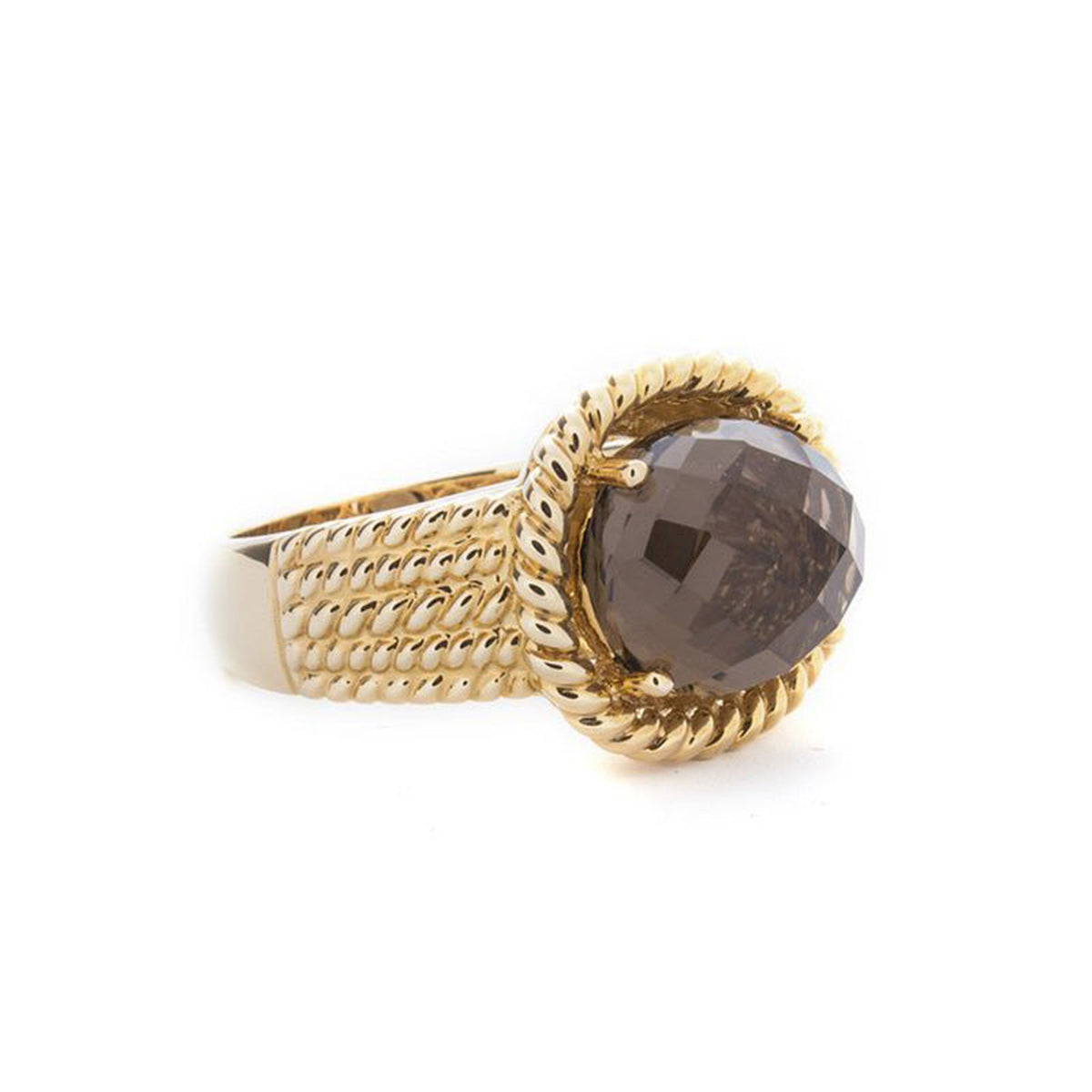 Isaac Westman smoky quartz gold ring featuring a large smoky quartz gemstone set in yellow gold band.
